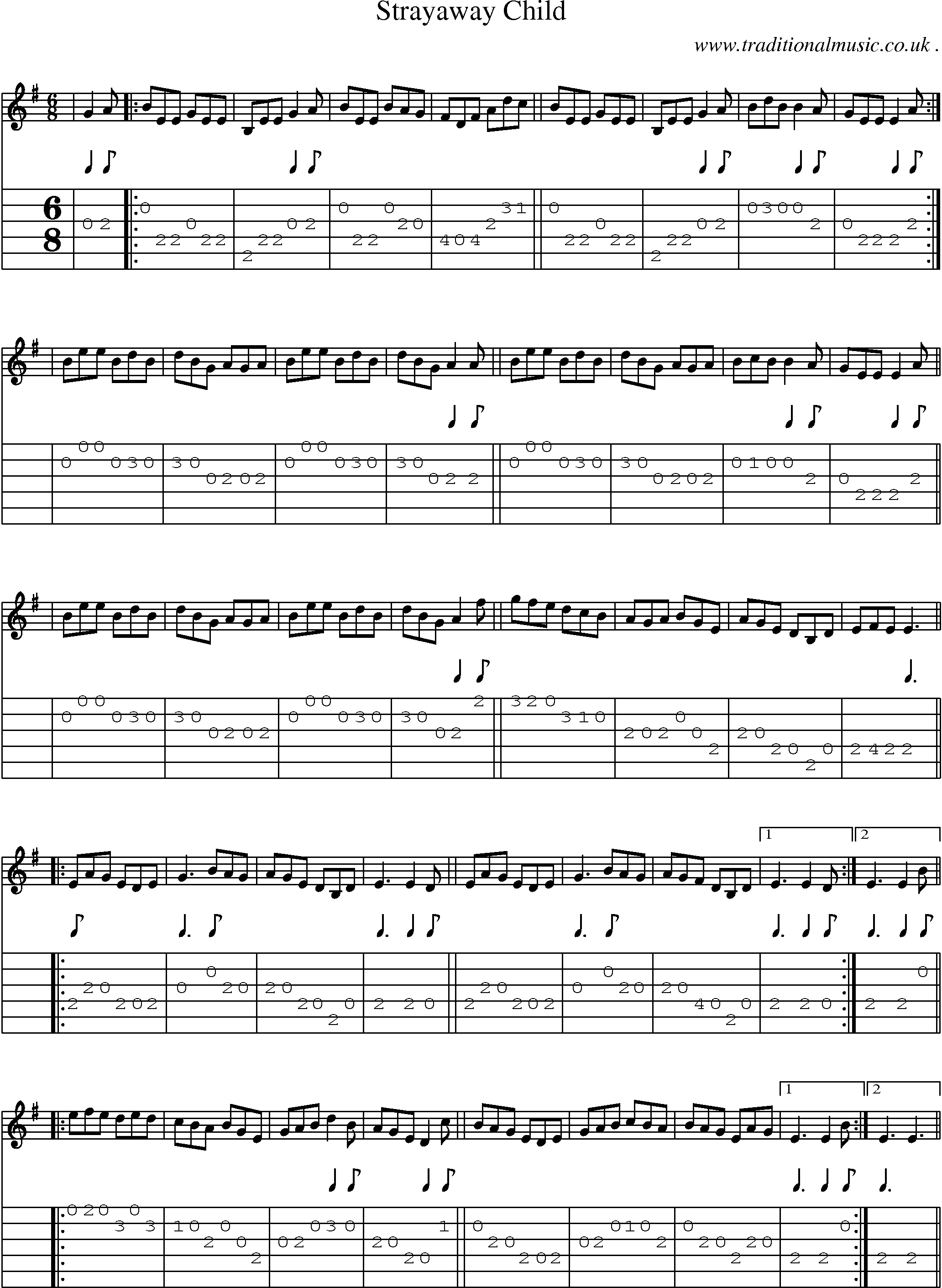 Sheet-music  score, Chords and Guitar Tabs for Strayaway Child