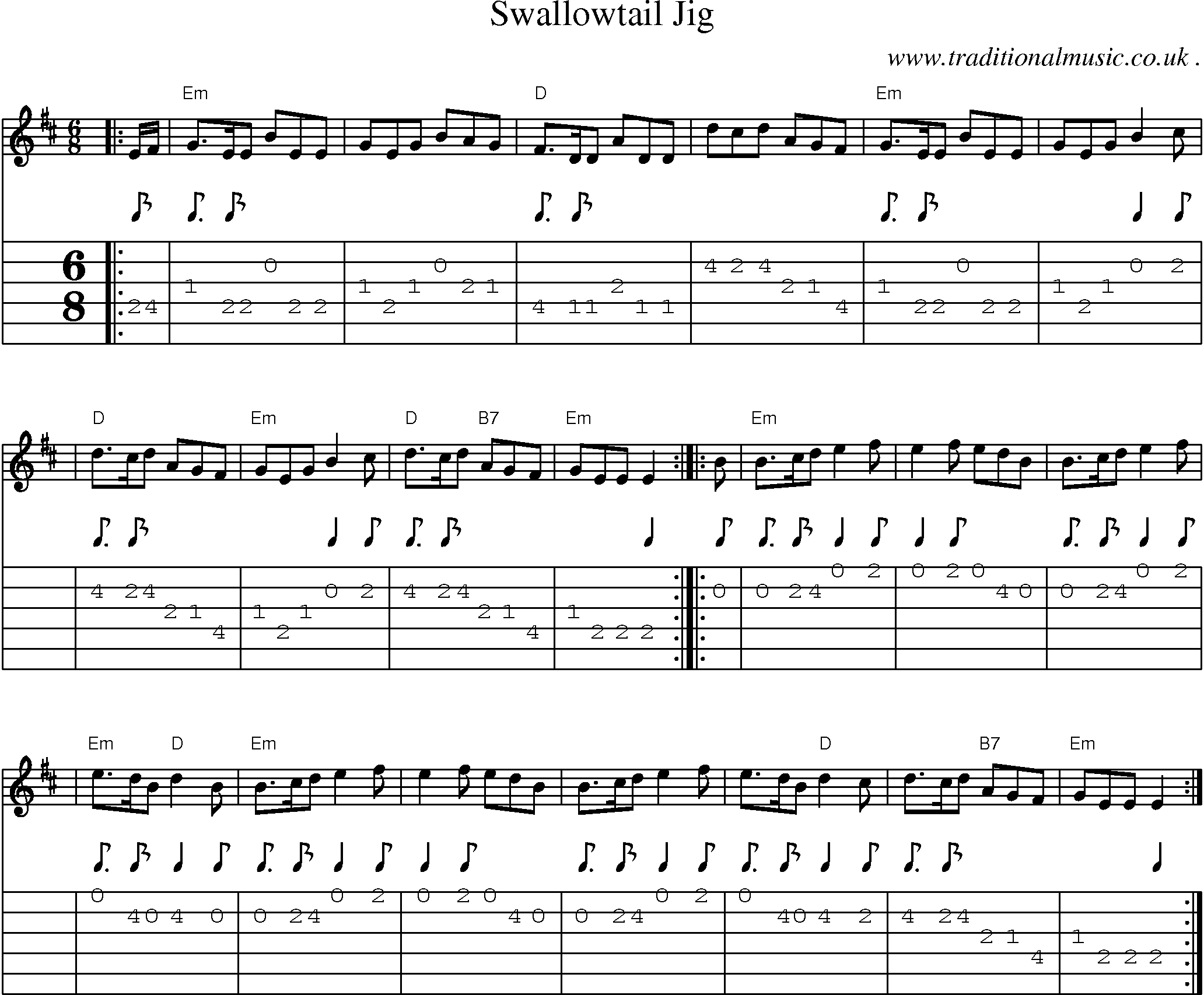 Sheet-music  score, Chords and Guitar Tabs for Swallowtail Jig