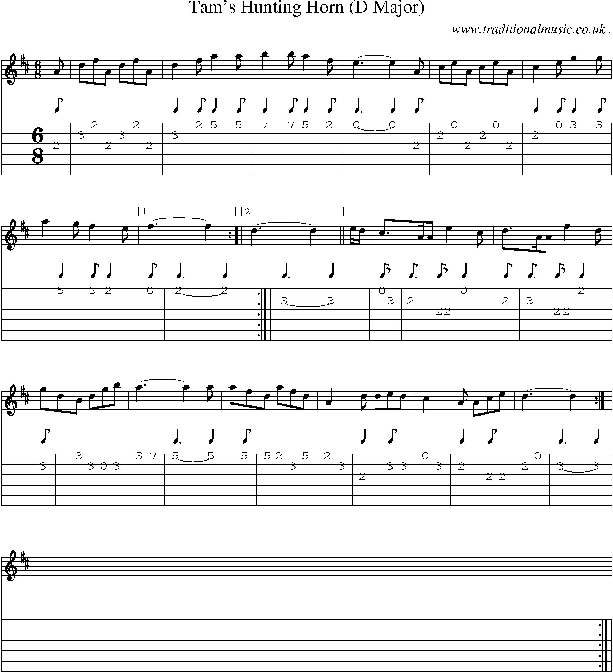 Sheet-music  score, Chords and Guitar Tabs for Tams Hunting Horn D Major