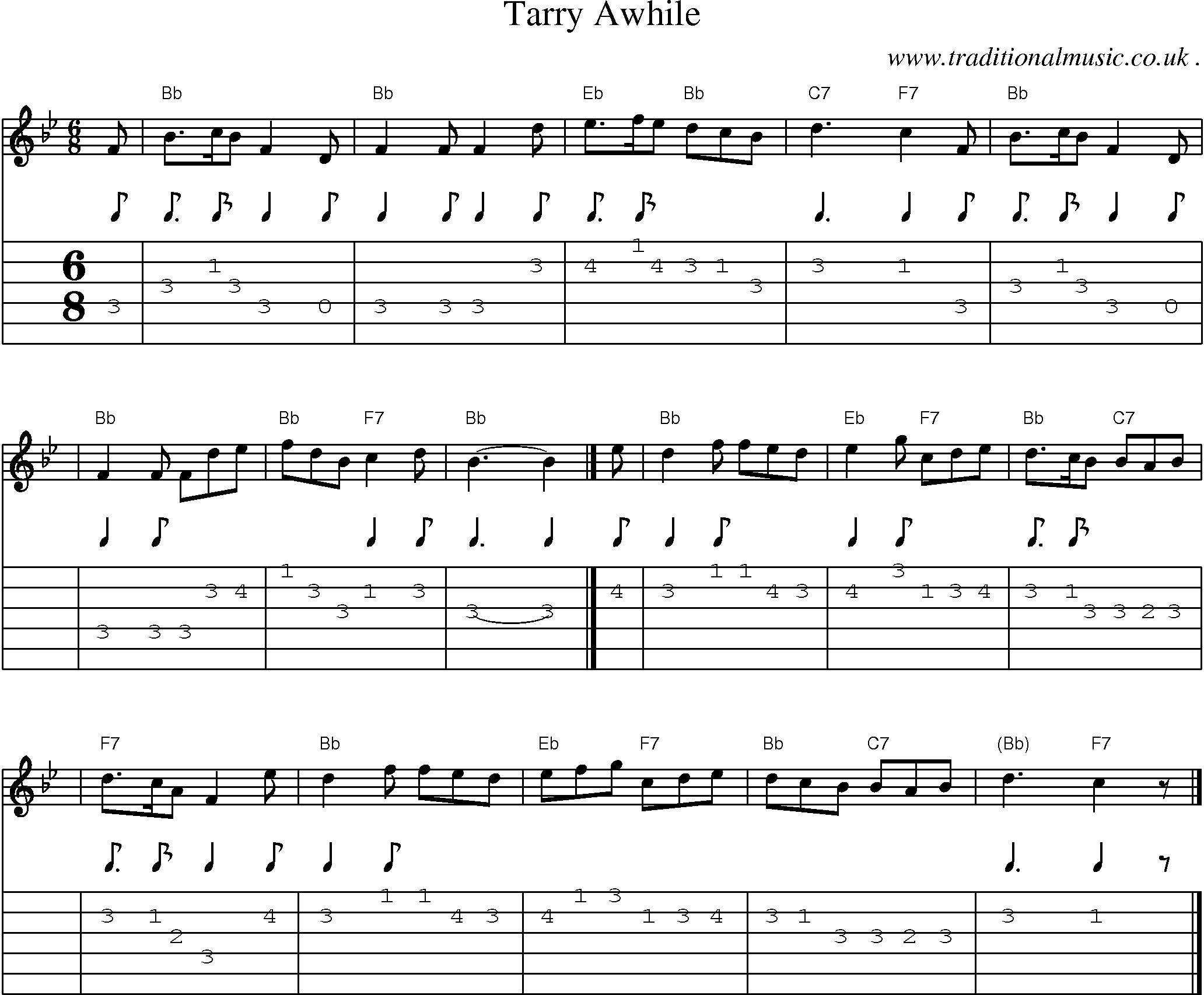 Sheet-music  score, Chords and Guitar Tabs for Tarry Awhile