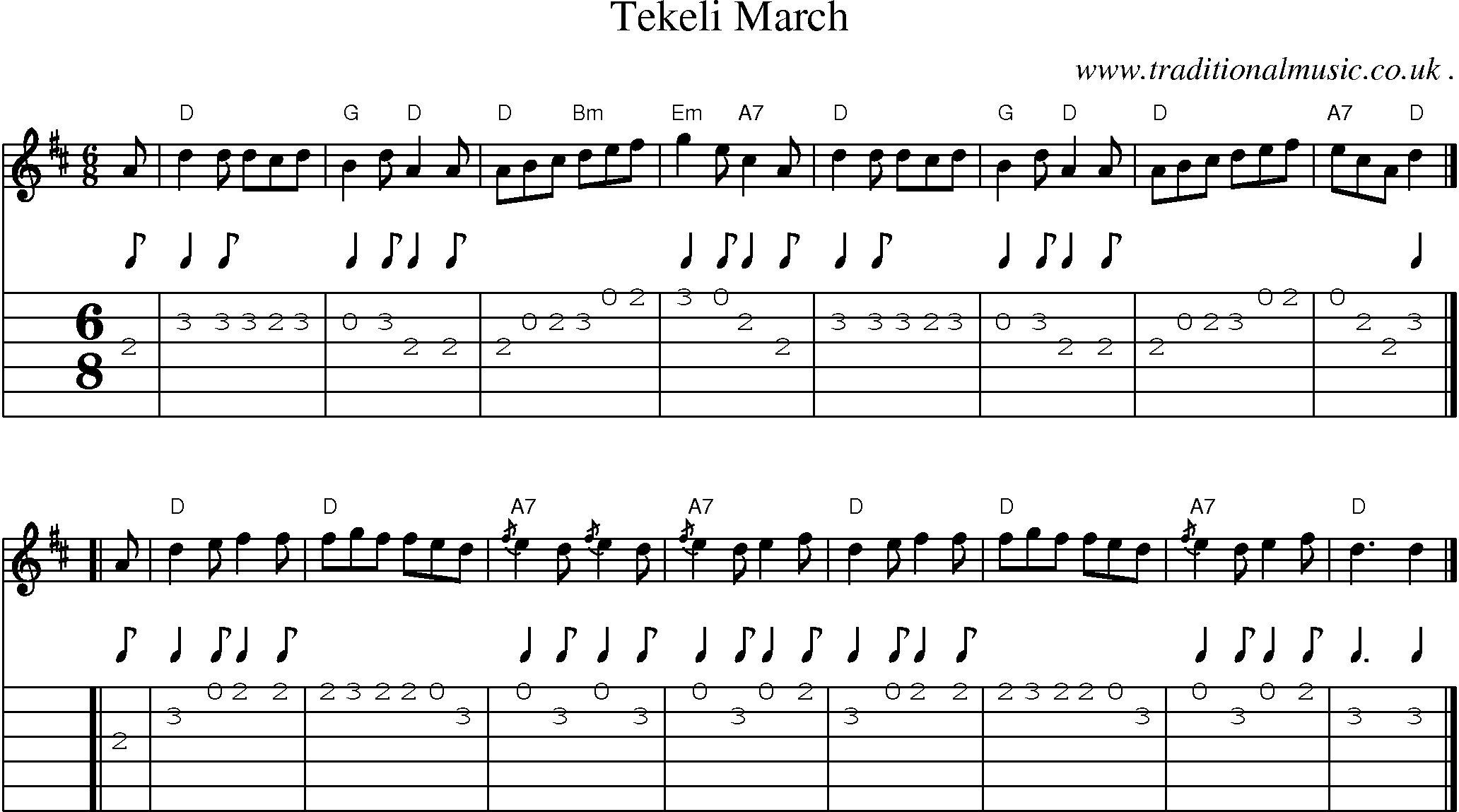 Sheet-music  score, Chords and Guitar Tabs for Tekeli March
