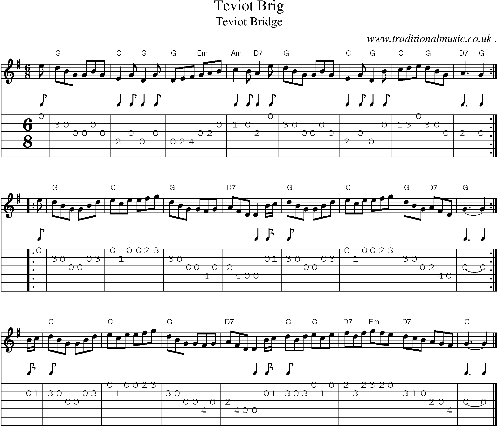 Sheet-music  score, Chords and Guitar Tabs for Teviot Brig