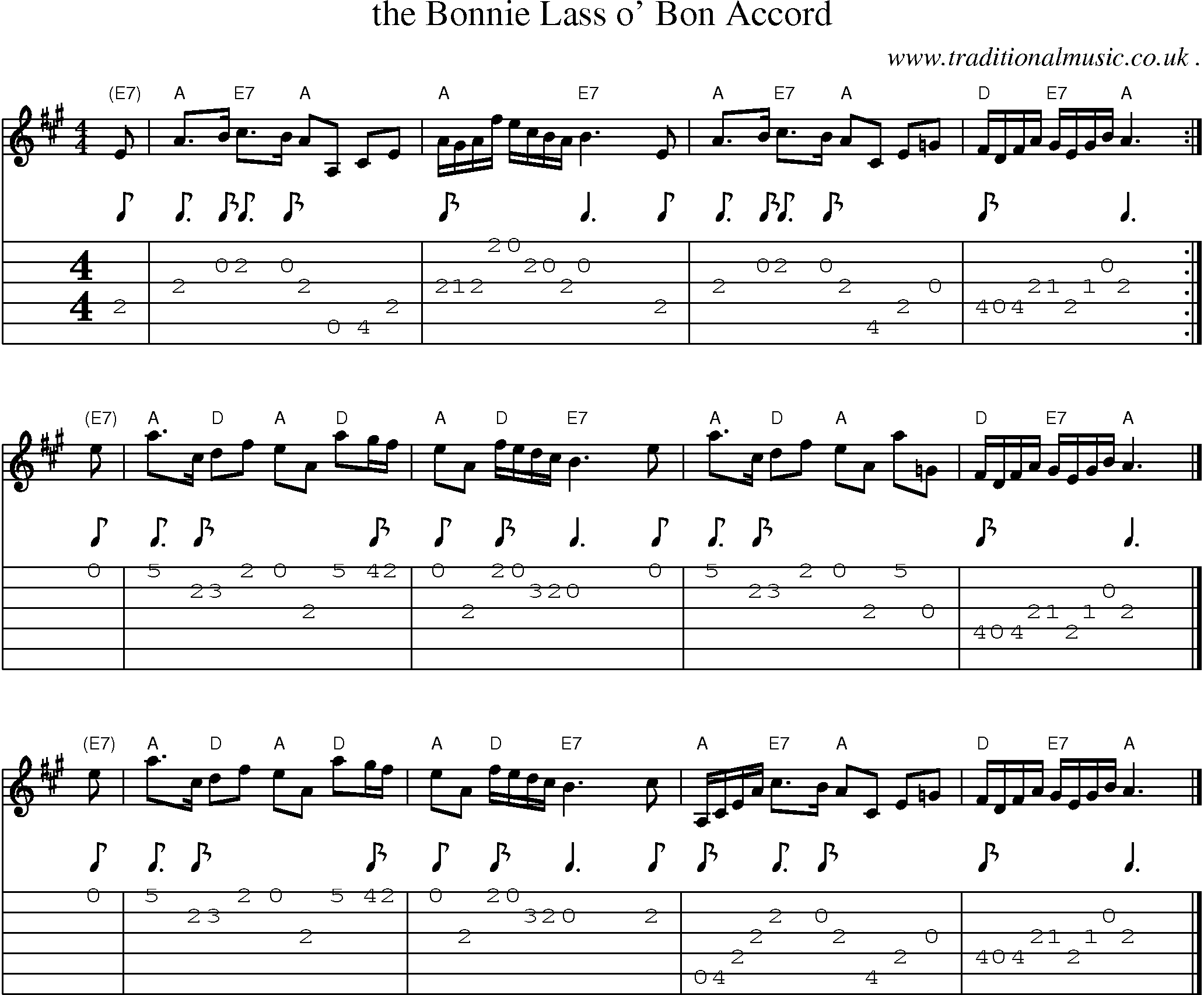 Sheet-music  score, Chords and Guitar Tabs for The Bonnie Lass O Bon Accord