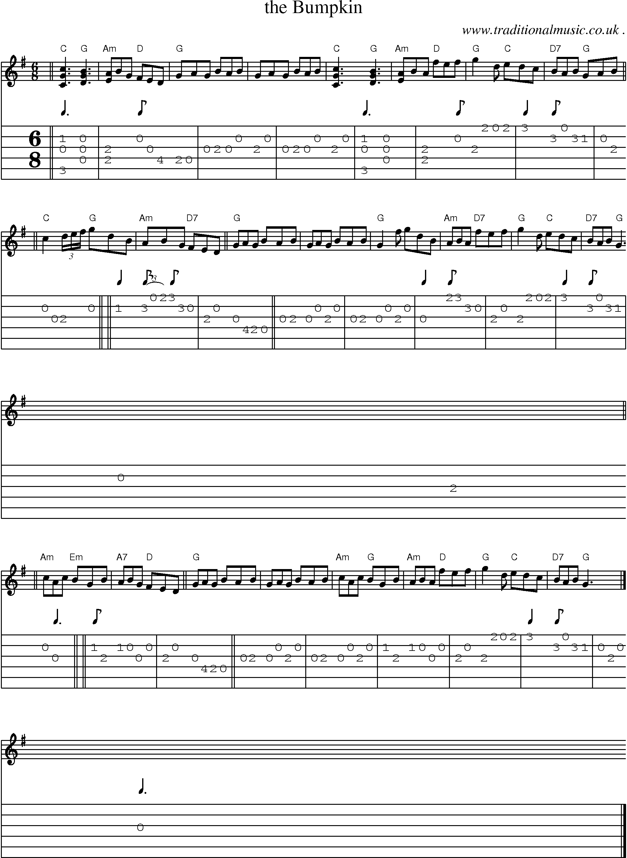 Sheet-music  score, Chords and Guitar Tabs for The Bumpkin