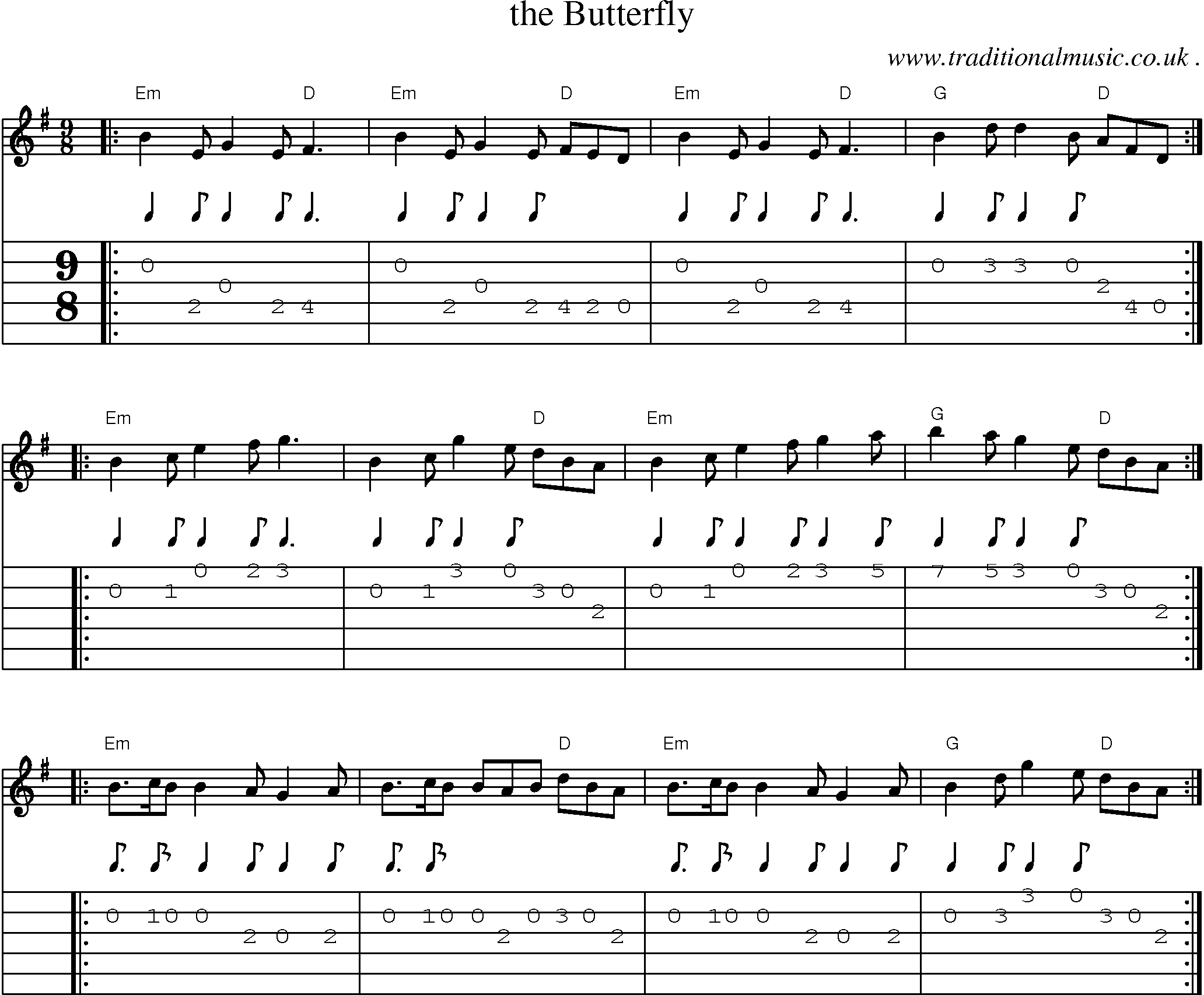 Sheet-music  score, Chords and Guitar Tabs for The Butterfly