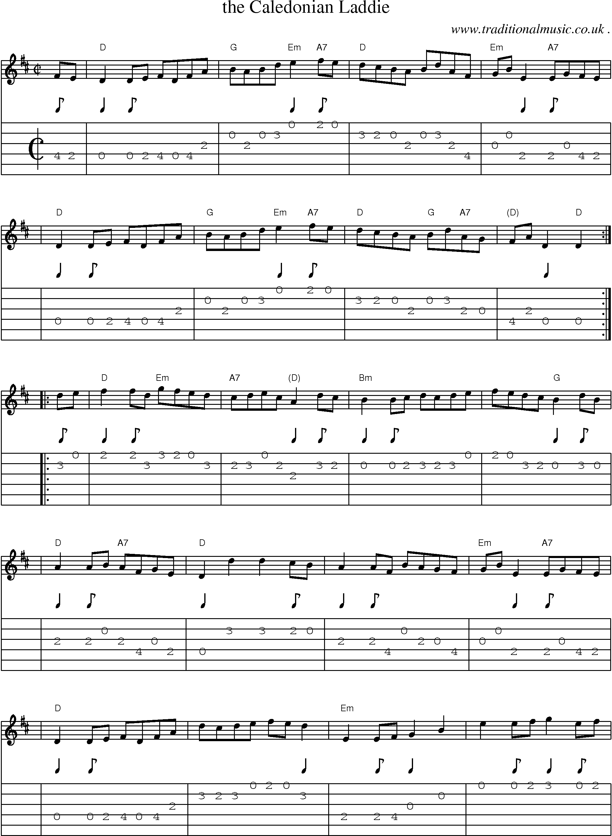 Sheet-music  score, Chords and Guitar Tabs for The Caledonian Laddie