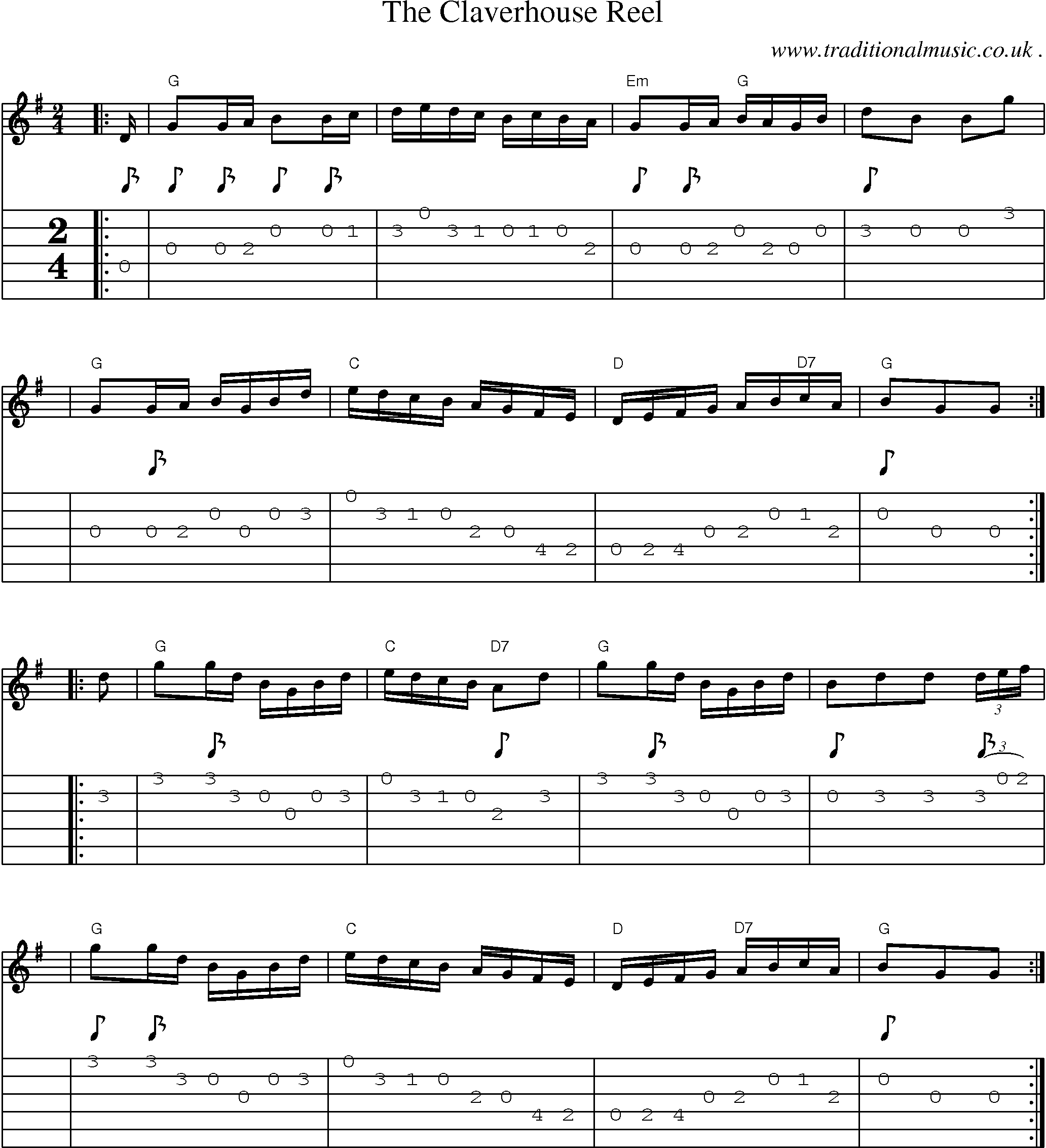 Sheet-music  score, Chords and Guitar Tabs for The Claverhouse Reel