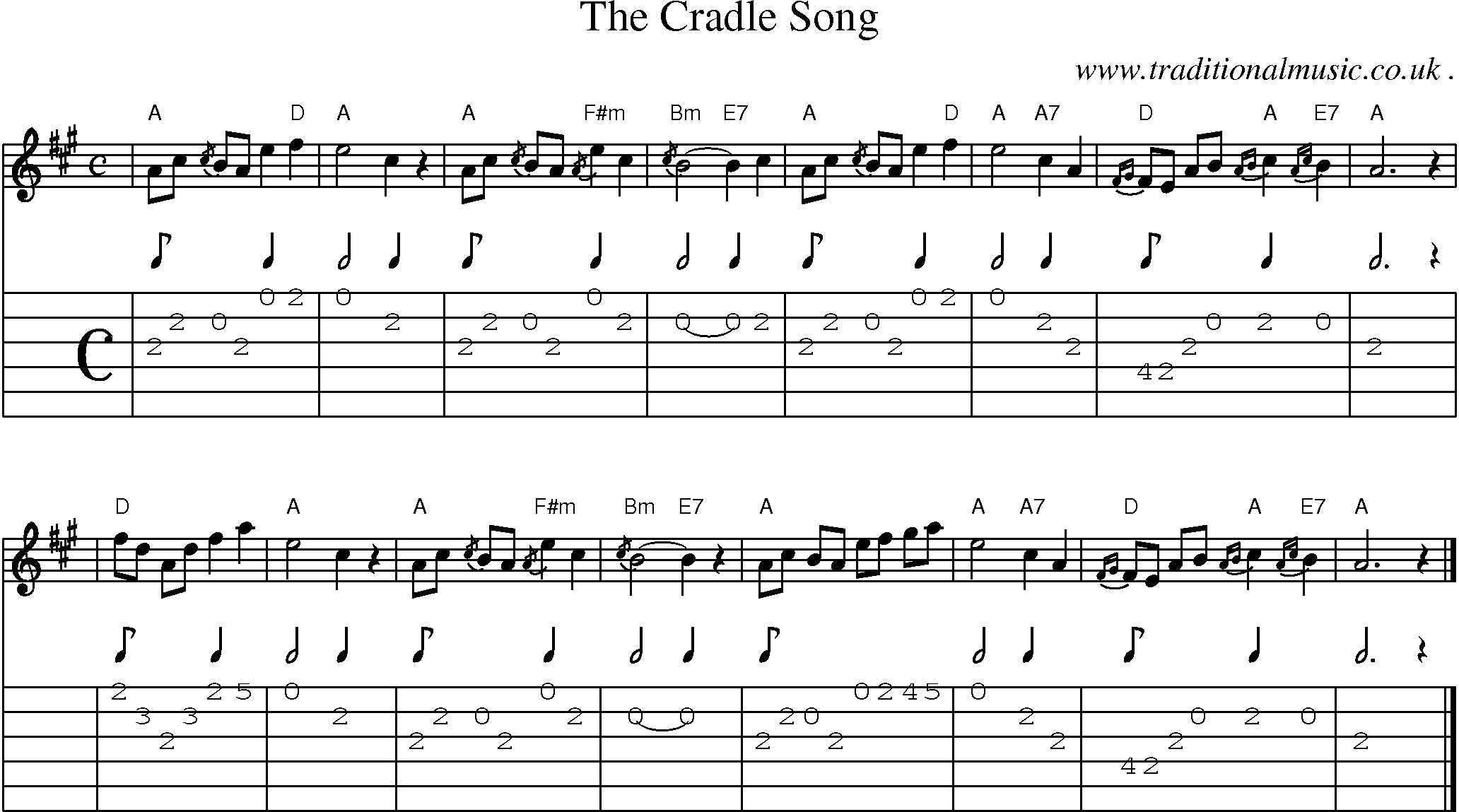 Sheet-music score, Chords and Guitar Tabs for The Cradle Song.