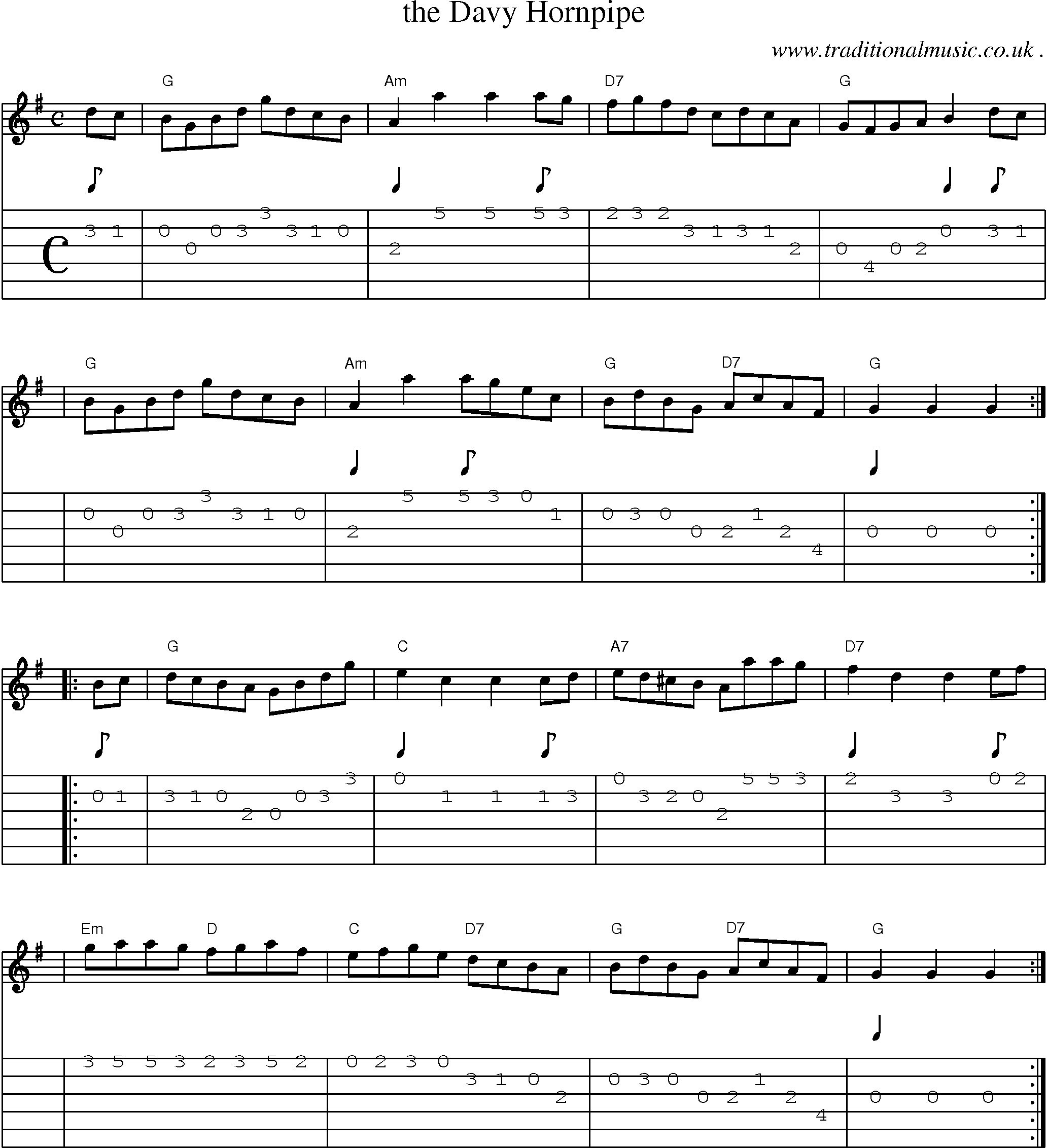 Sheet-music  score, Chords and Guitar Tabs for The Davy Hornpipe