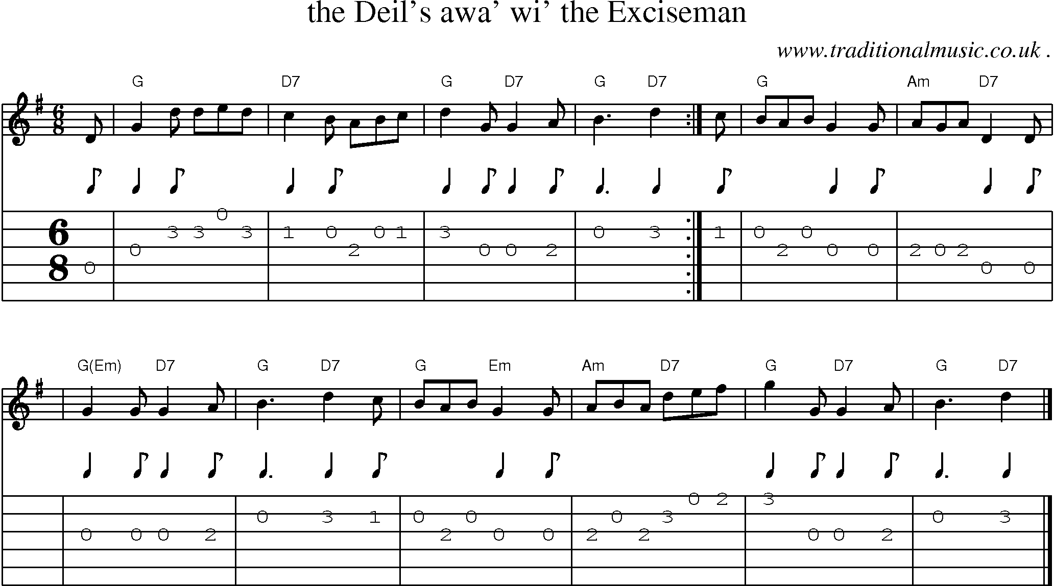 Sheet-music  score, Chords and Guitar Tabs for The Deils Awa Wi The Exciseman