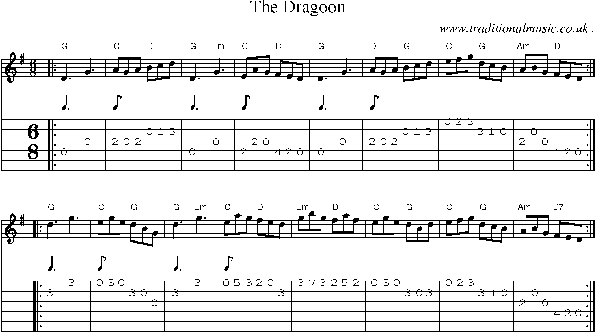 Sheet-music  score, Chords and Guitar Tabs for The Dragoon