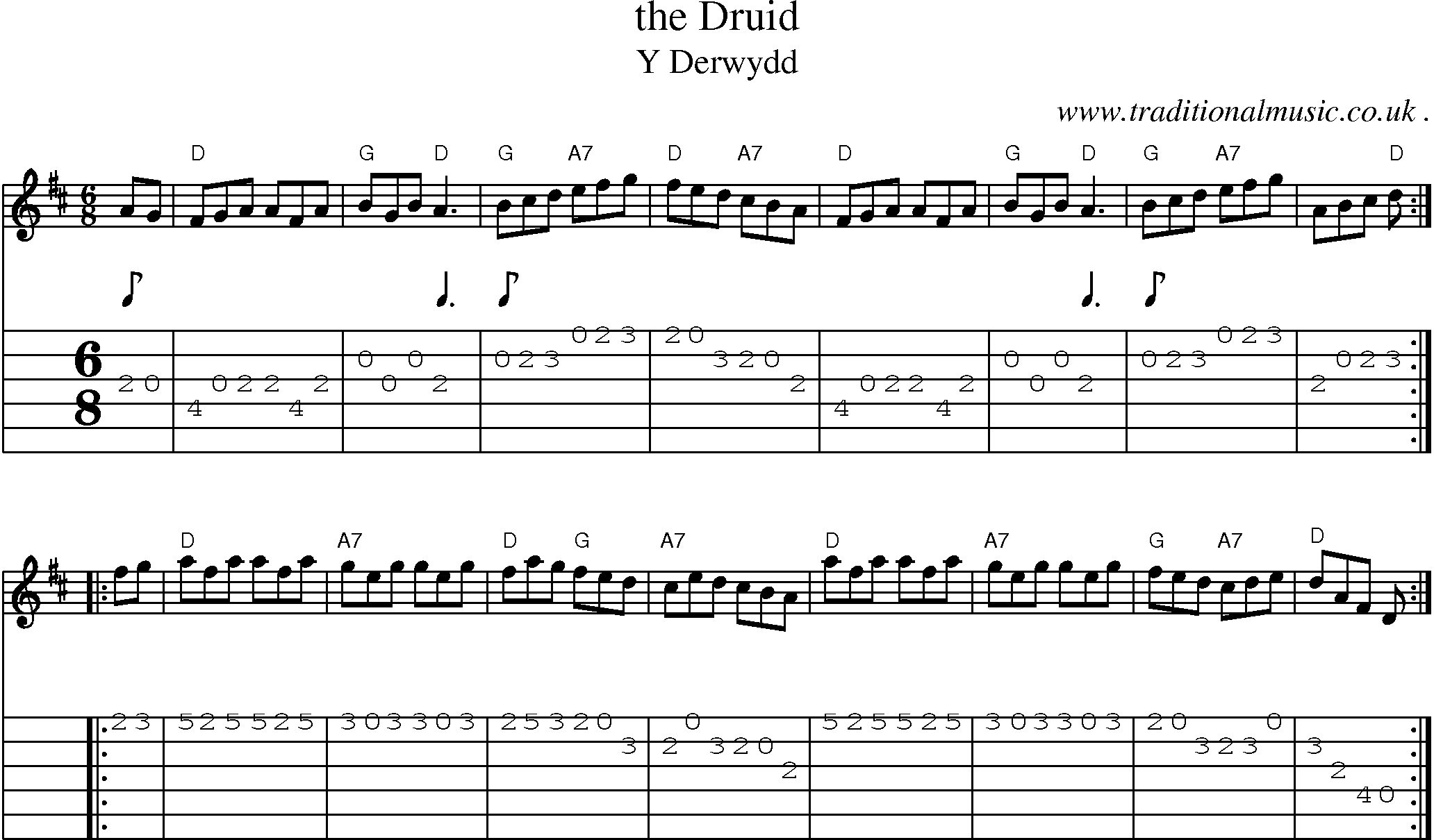 Sheet-music  score, Chords and Guitar Tabs for The Druid