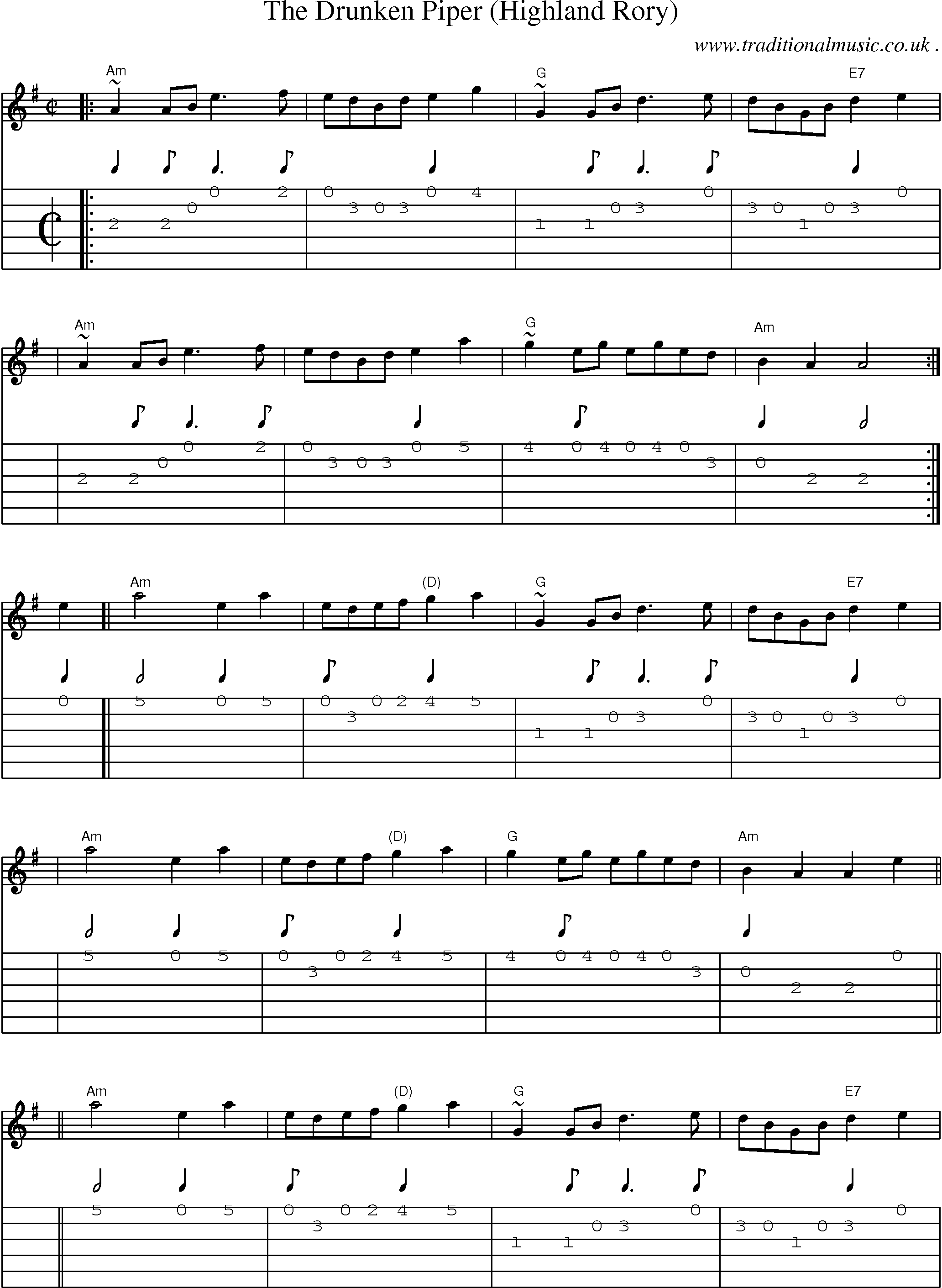 Sheet-music  score, Chords and Guitar Tabs for The Drunken Piper Highland Rory
