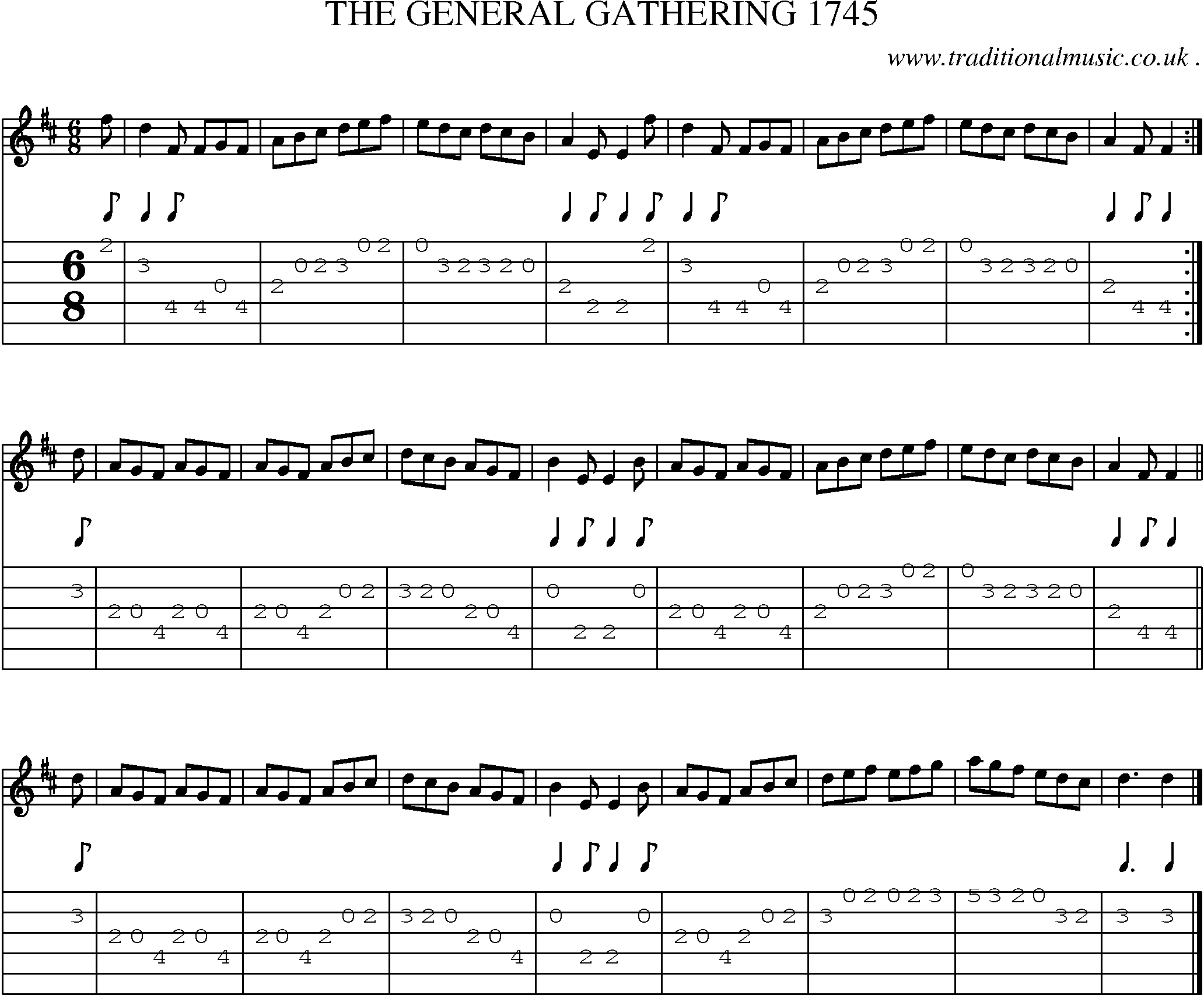 Sheet-music  score, Chords and Guitar Tabs for The General Gathering 1745