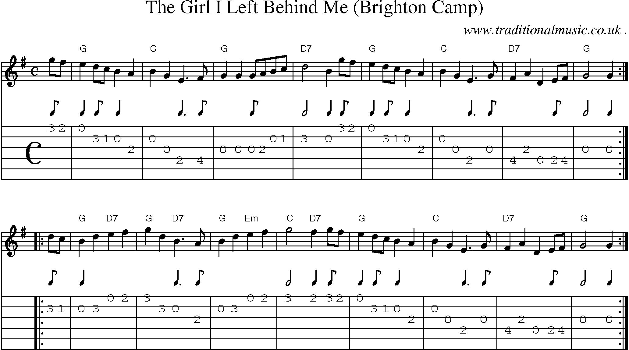 Sheet-music  score, Chords and Guitar Tabs for The Girl I Left Behind Me Brighton Camp