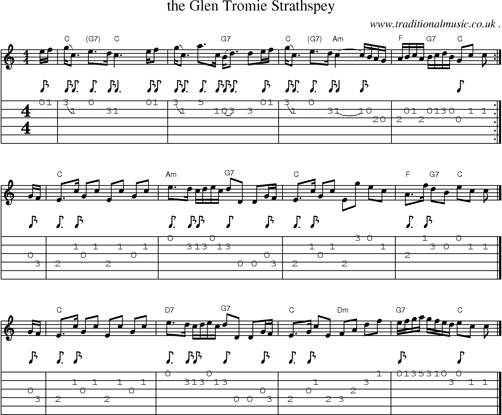 Sheet-music  score, Chords and Guitar Tabs for The Glen Tromie Strathspey