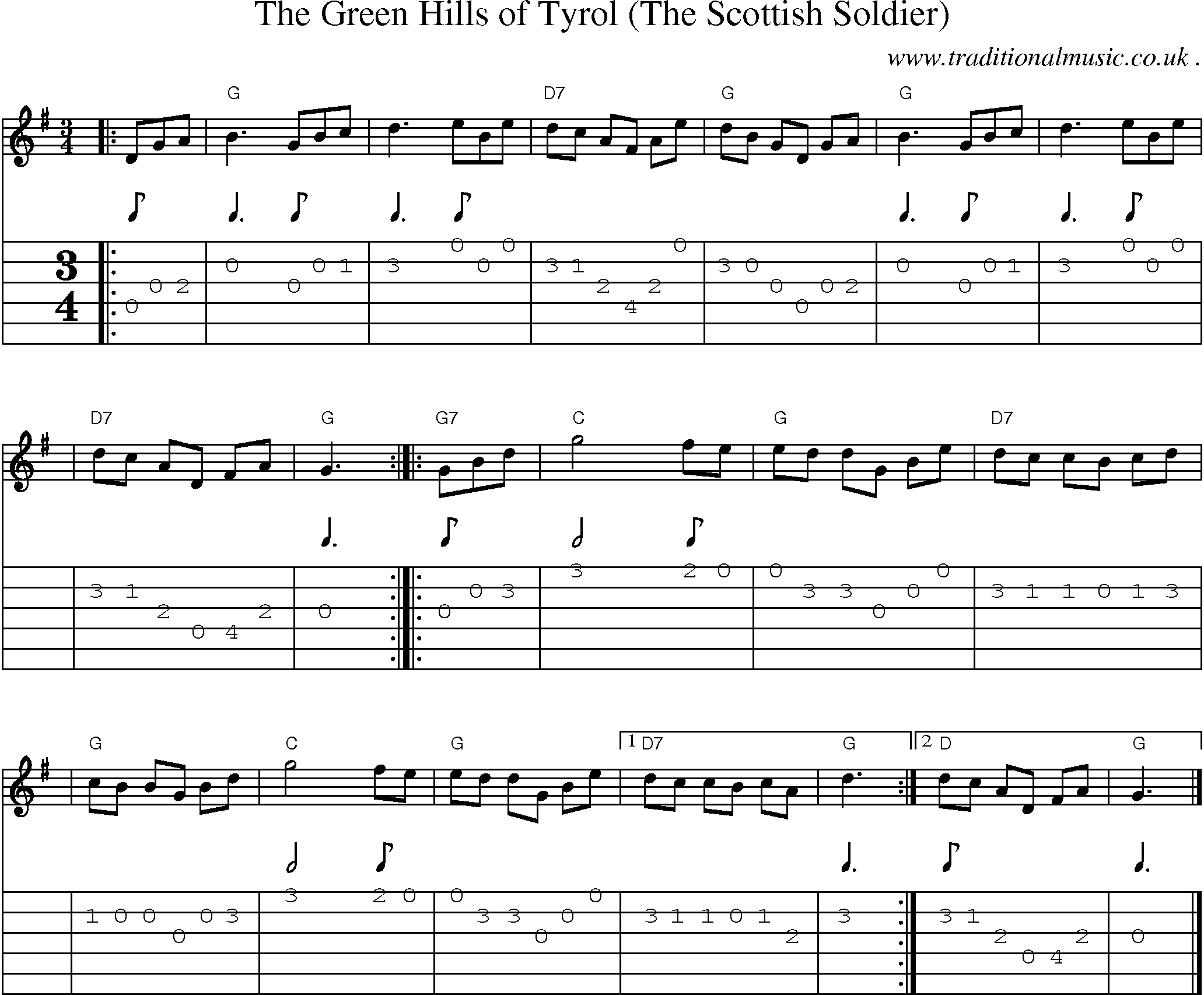 Sheet-music  score, Chords and Guitar Tabs for The Green Hills Of Tyrol The Scottish Soldier