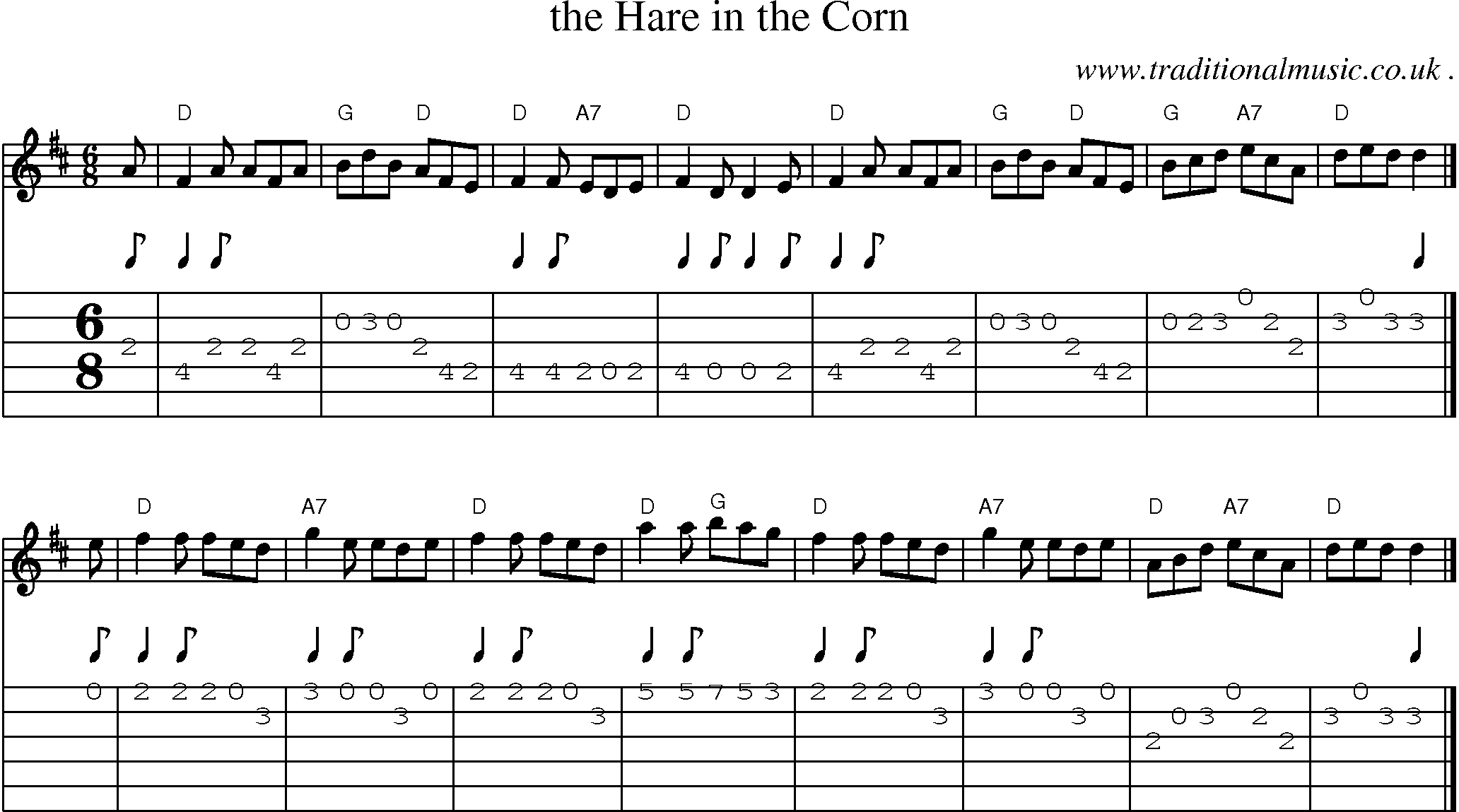 Sheet-music  score, Chords and Guitar Tabs for The Hare In The Corn
