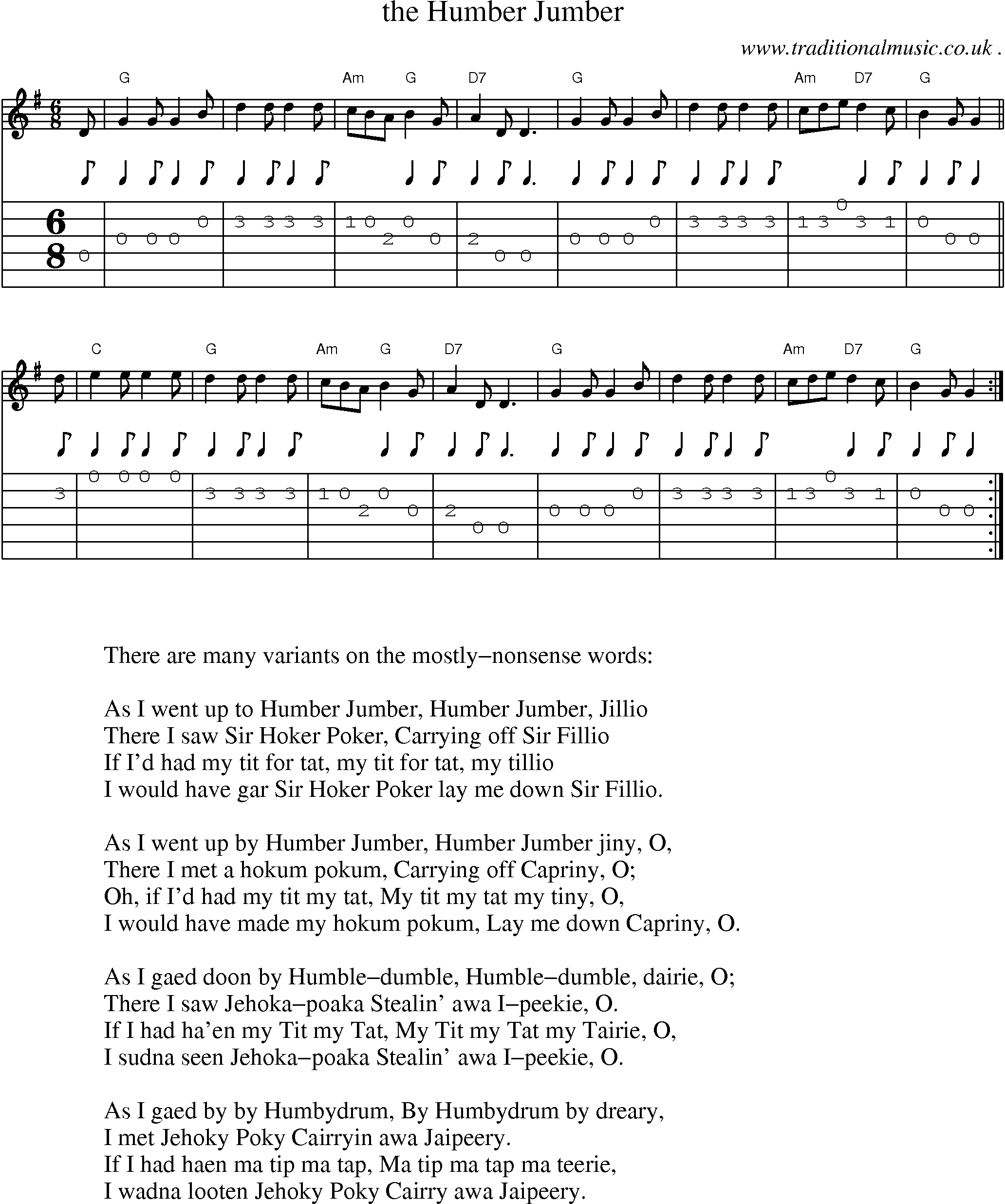Sheet-music  score, Chords and Guitar Tabs for The Humber Jumber