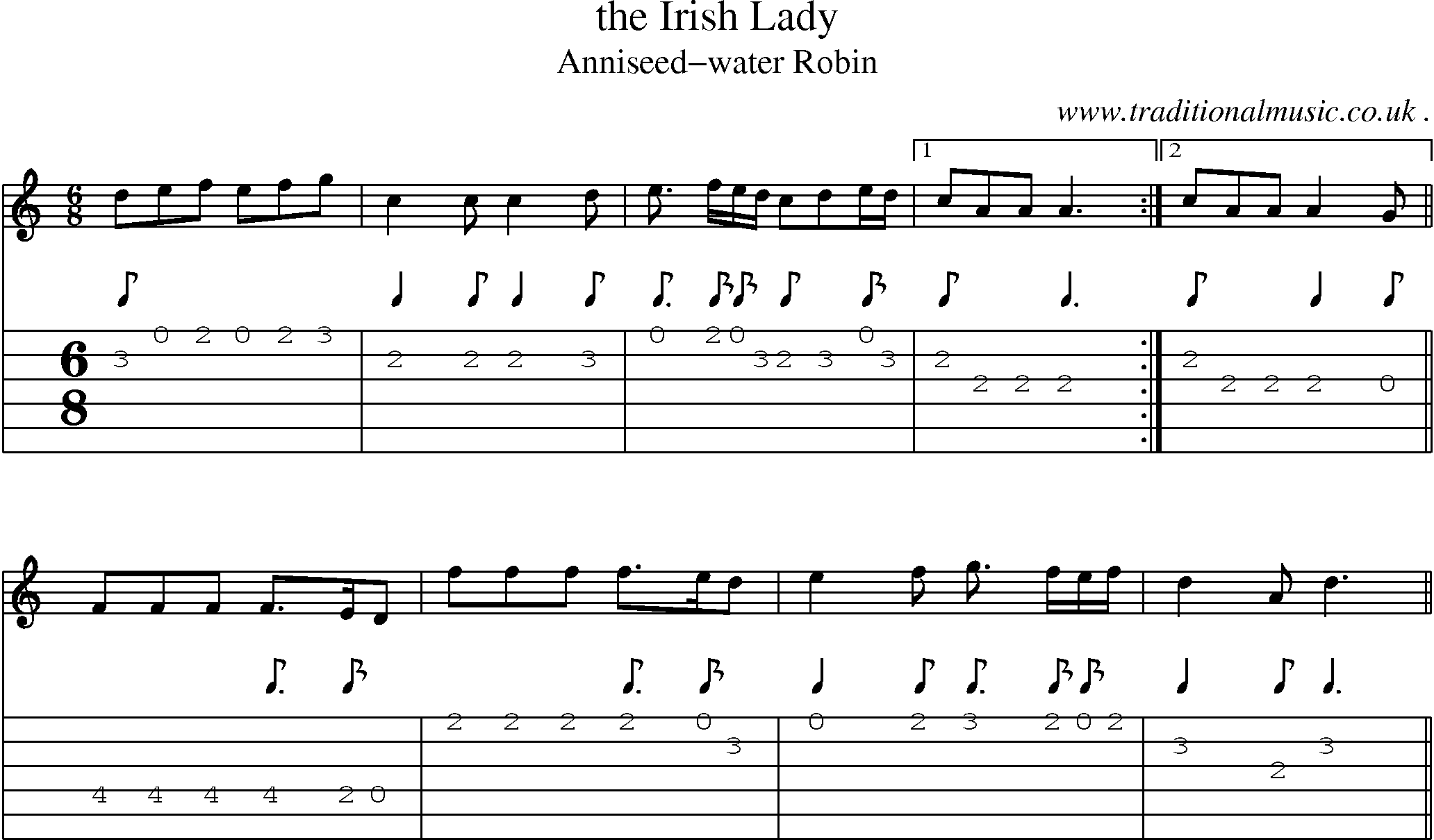 Sheet-music  score, Chords and Guitar Tabs for The Irish Lady