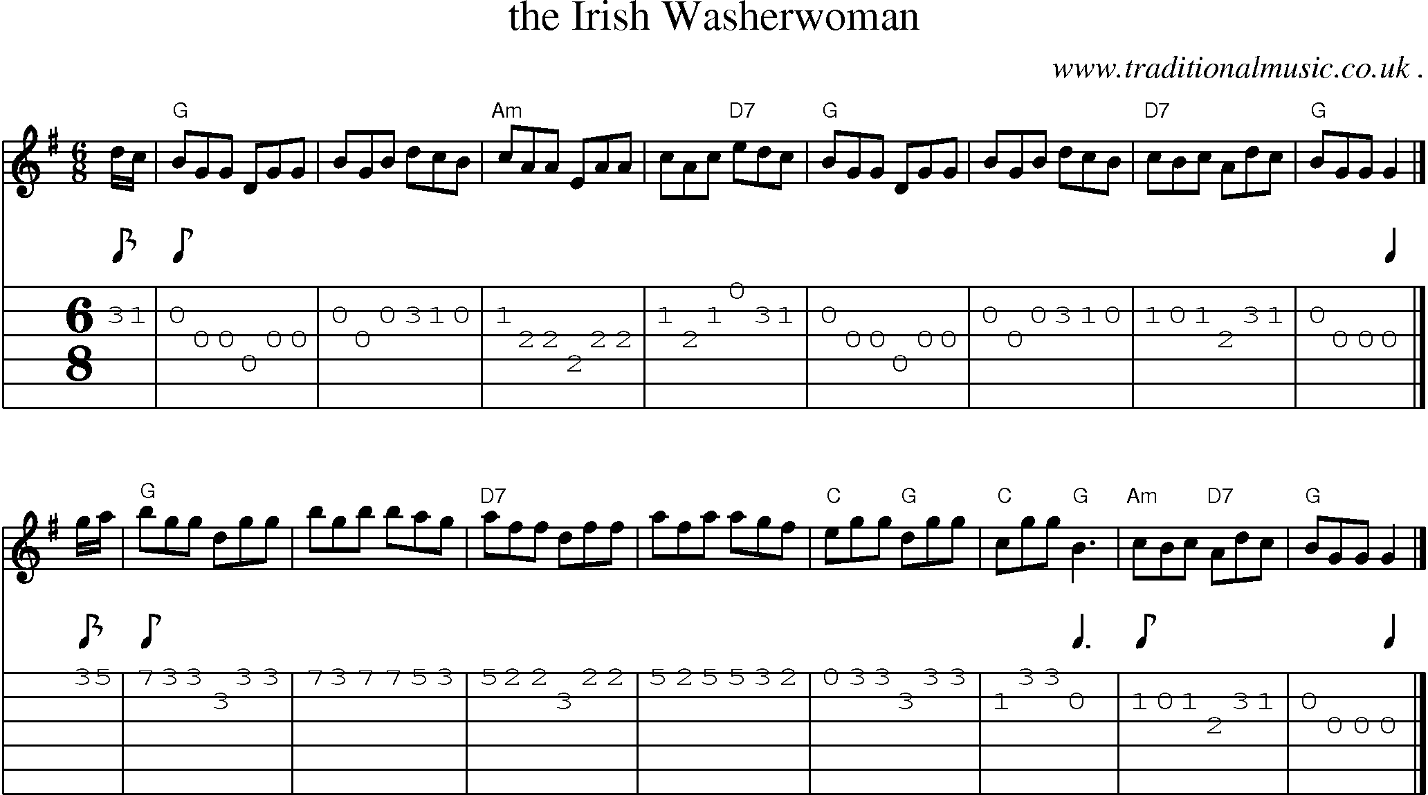Sheet-music  score, Chords and Guitar Tabs for The Irish Washerwoman