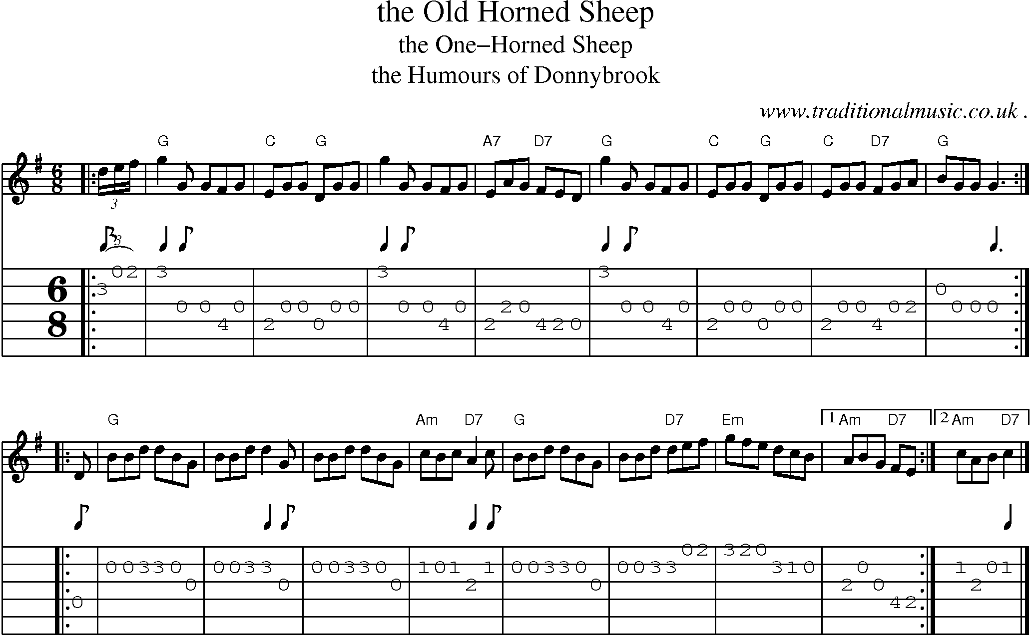 Sheet-music  score, Chords and Guitar Tabs for The Old Horned Sheep