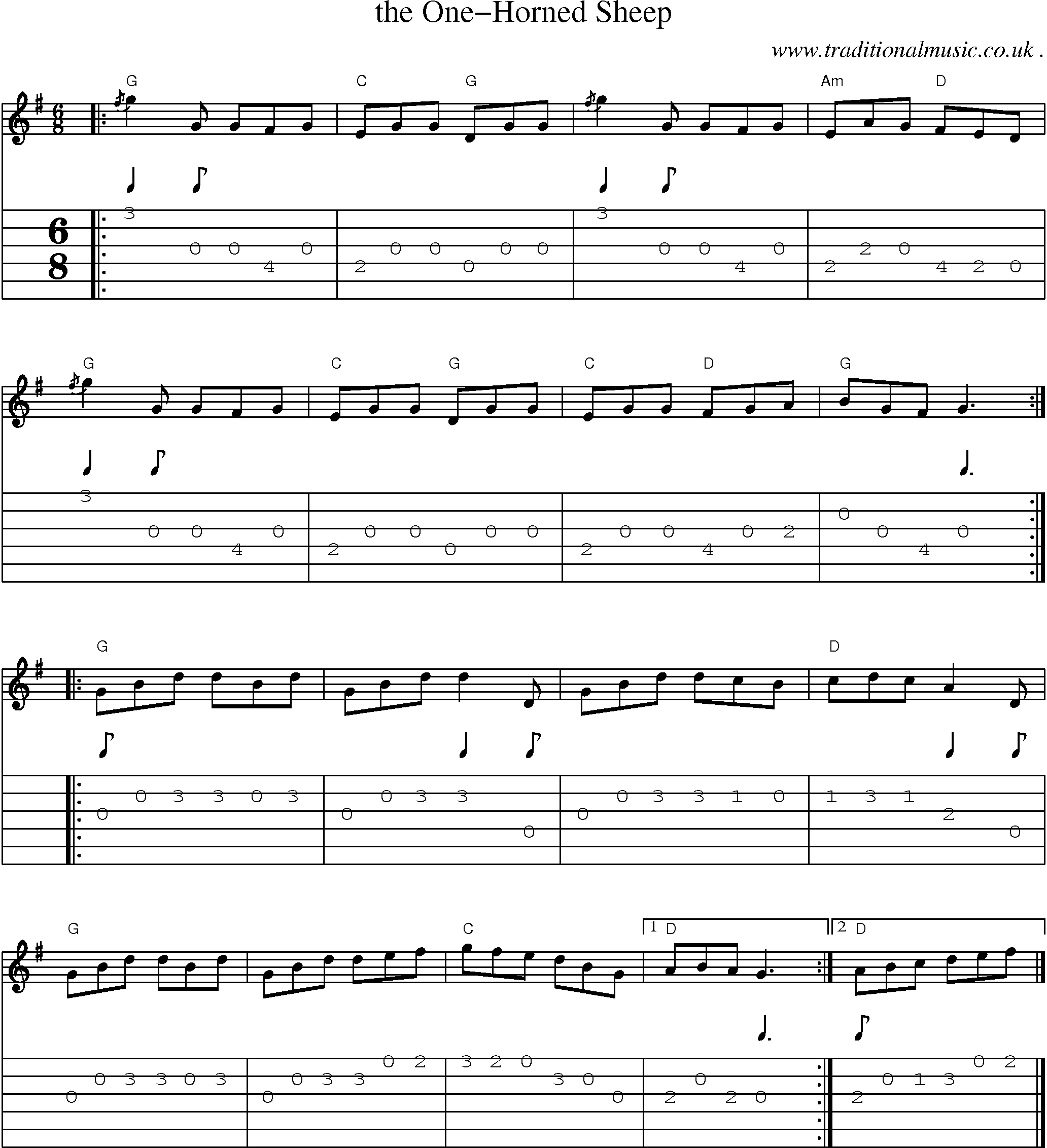 Sheet-music  score, Chords and Guitar Tabs for The One-horned Sheep
