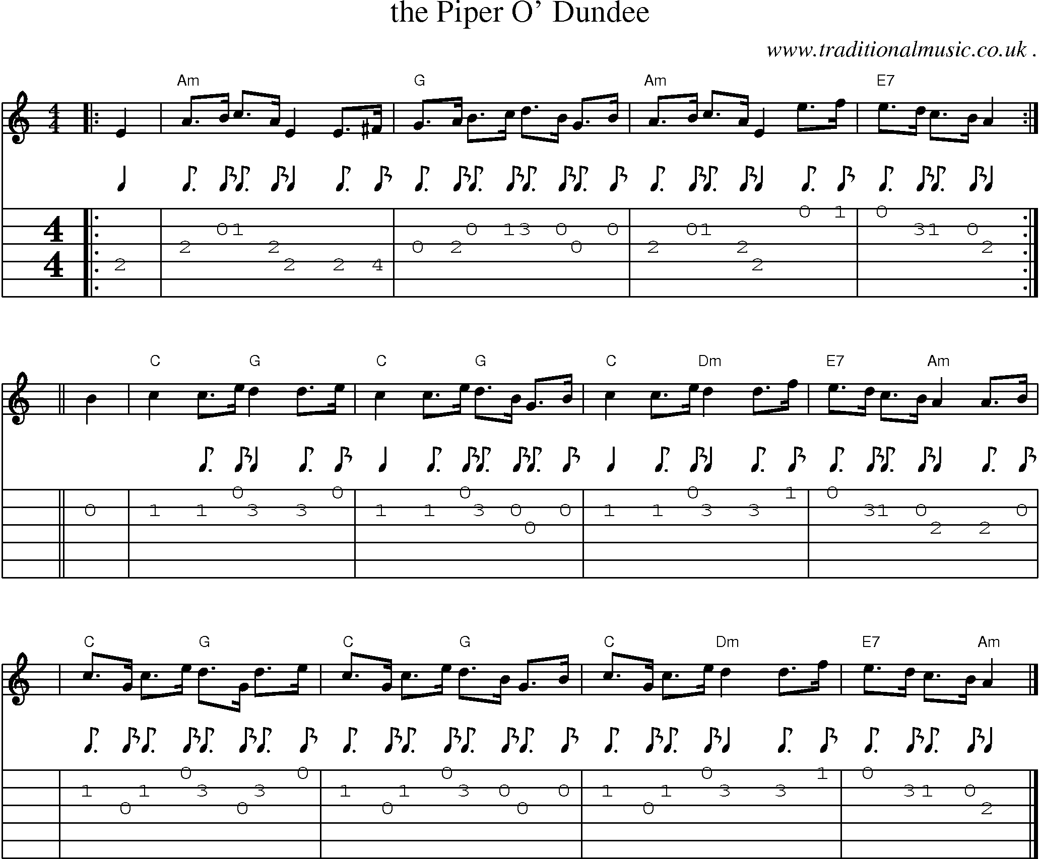 Sheet-music  score, Chords and Guitar Tabs for The Piper O Dundee