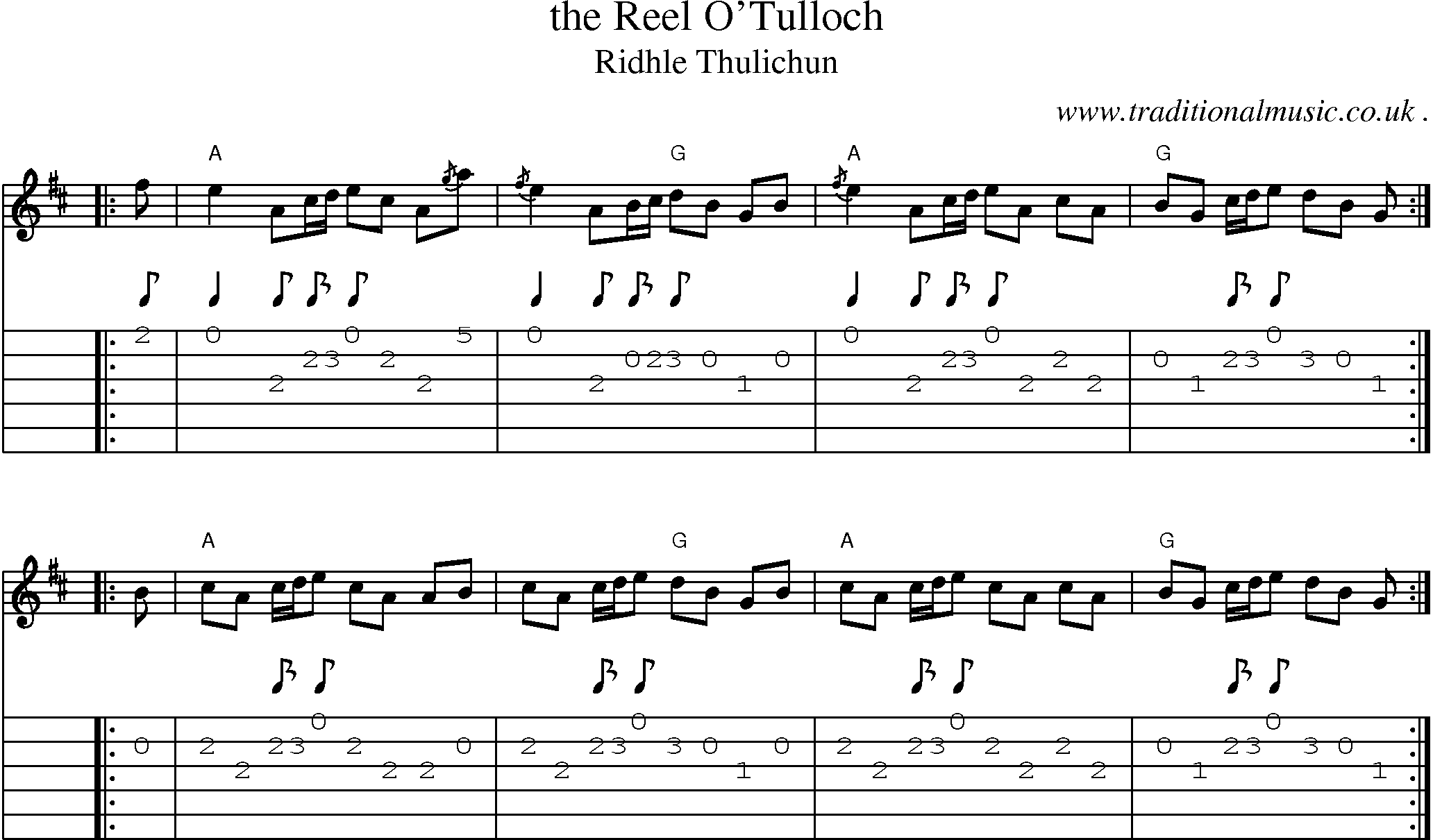 Sheet-music  score, Chords and Guitar Tabs for The Reel Otulloch