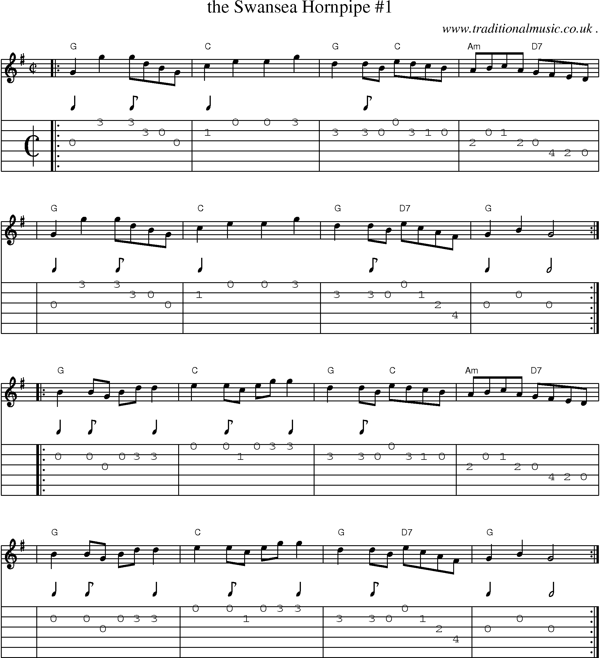Sheet-music  score, Chords and Guitar Tabs for The Swansea Hornpipe 1