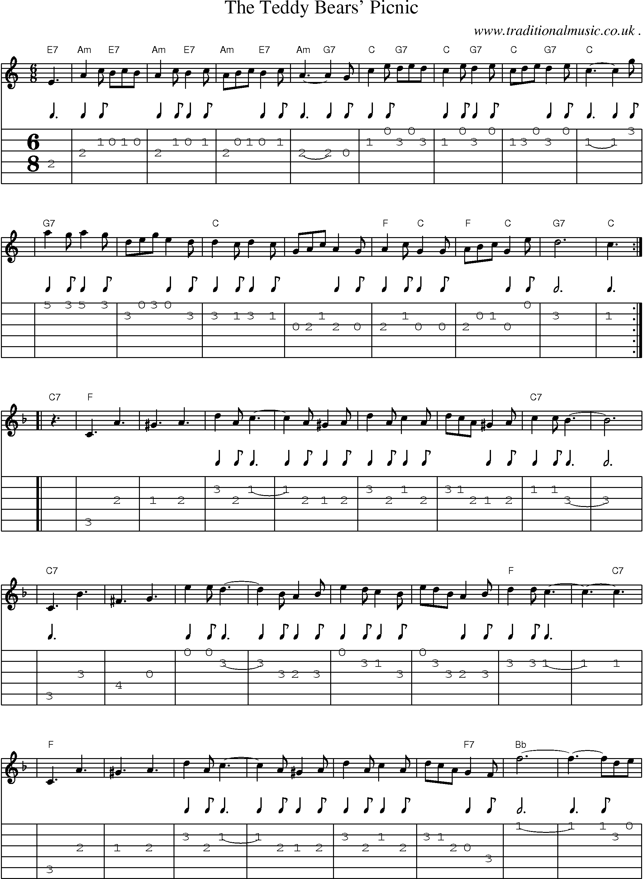 Sheet-music  score, Chords and Guitar Tabs for The Teddy Bears Picnic