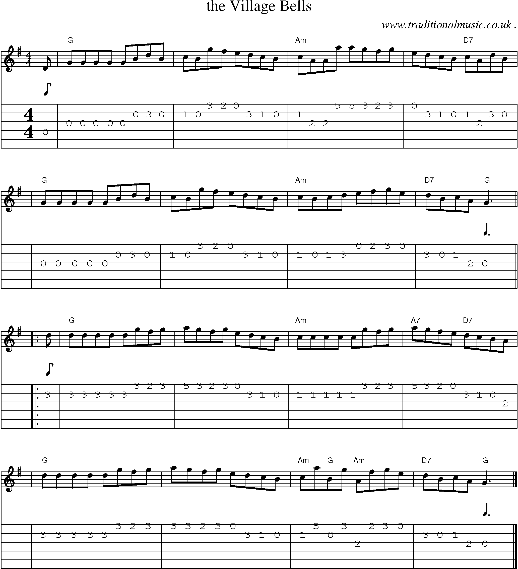 Sheet-music  score, Chords and Guitar Tabs for The Village Bells