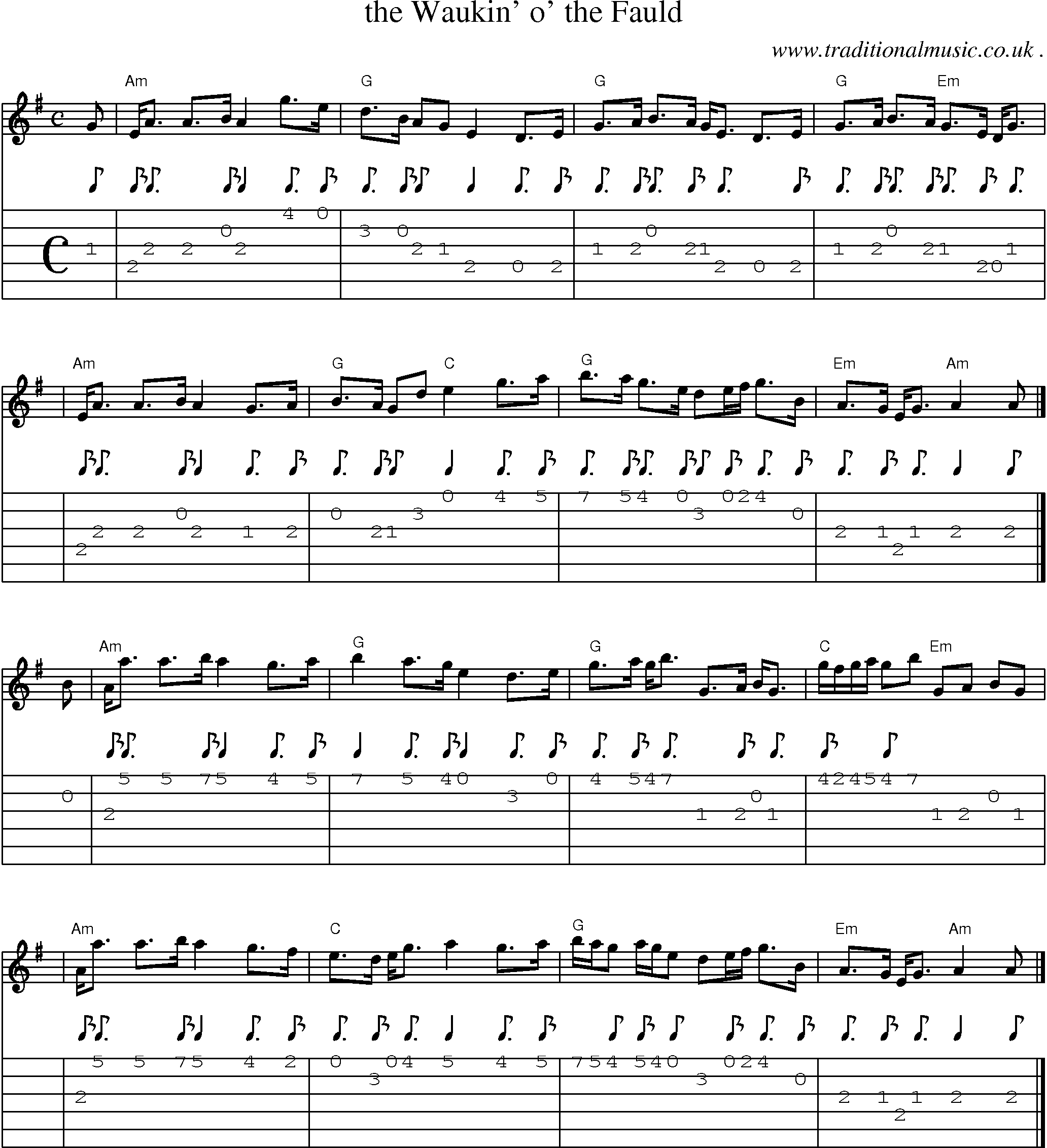 Sheet-music  score, Chords and Guitar Tabs for The Waukin O The Fauld