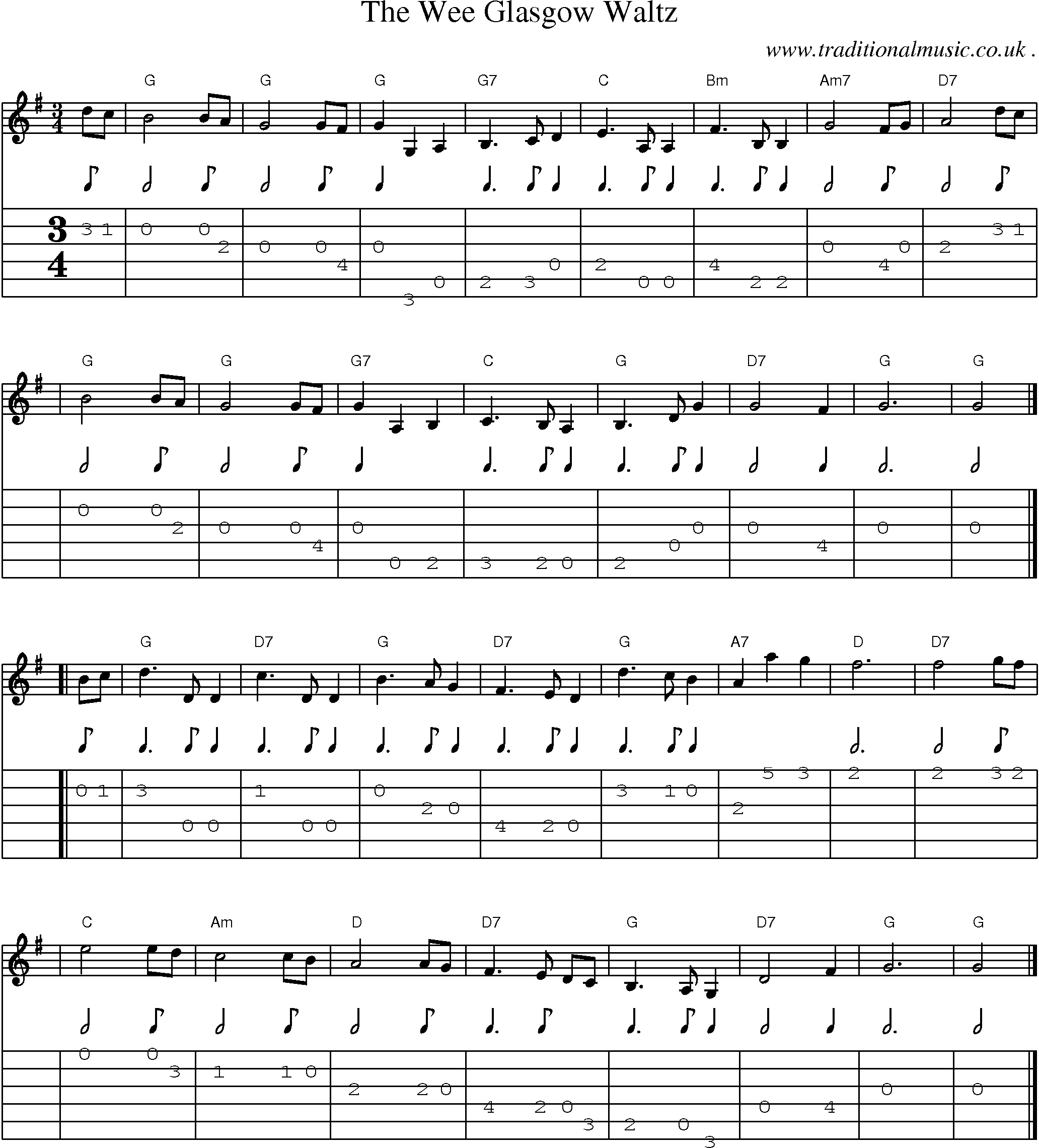 Sheet-music  score, Chords and Guitar Tabs for The Wee Glasgow Waltz