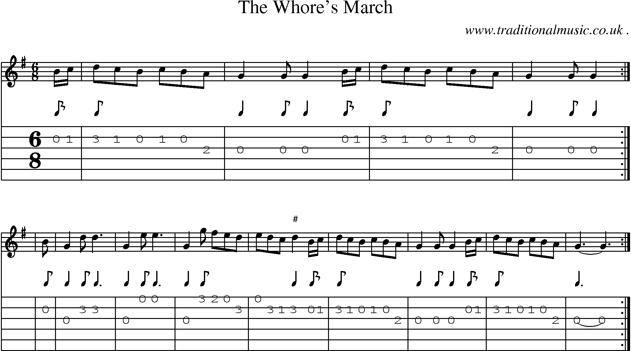 Sheet-music  score, Chords and Guitar Tabs for The Whores March