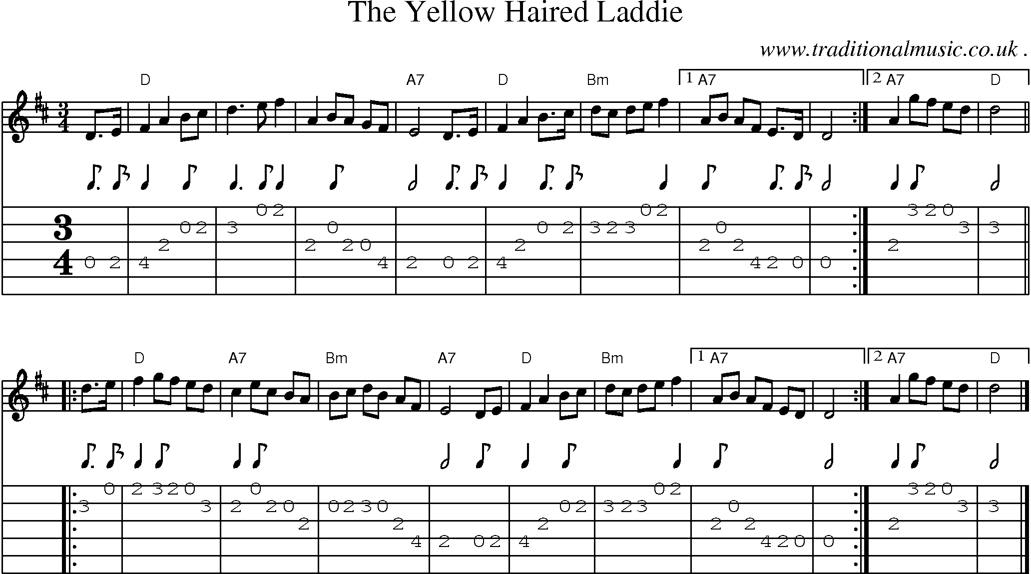 Sheet-music  score, Chords and Guitar Tabs for The Yellow Haired Laddie
