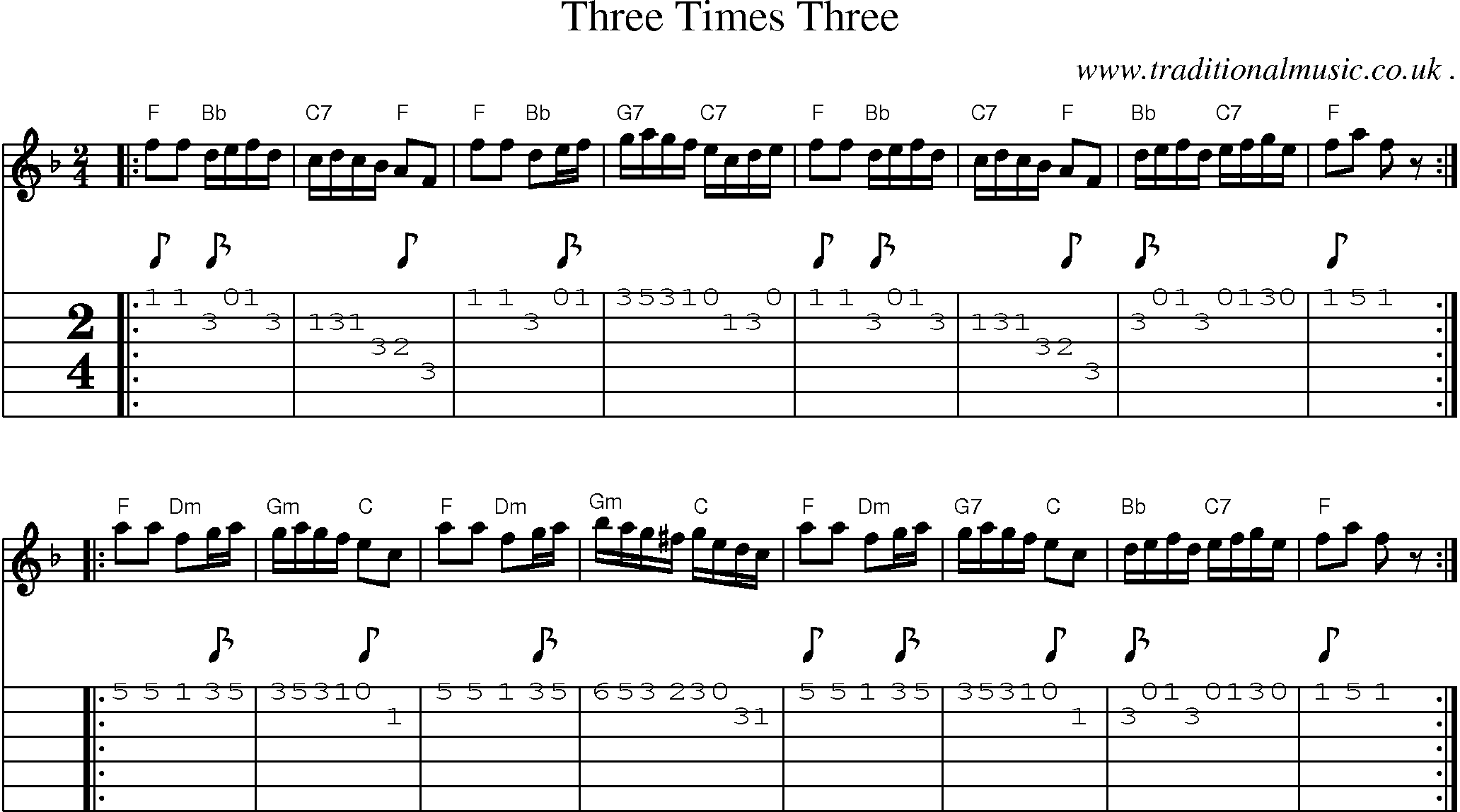 Sheet-music  score, Chords and Guitar Tabs for Three Times Three