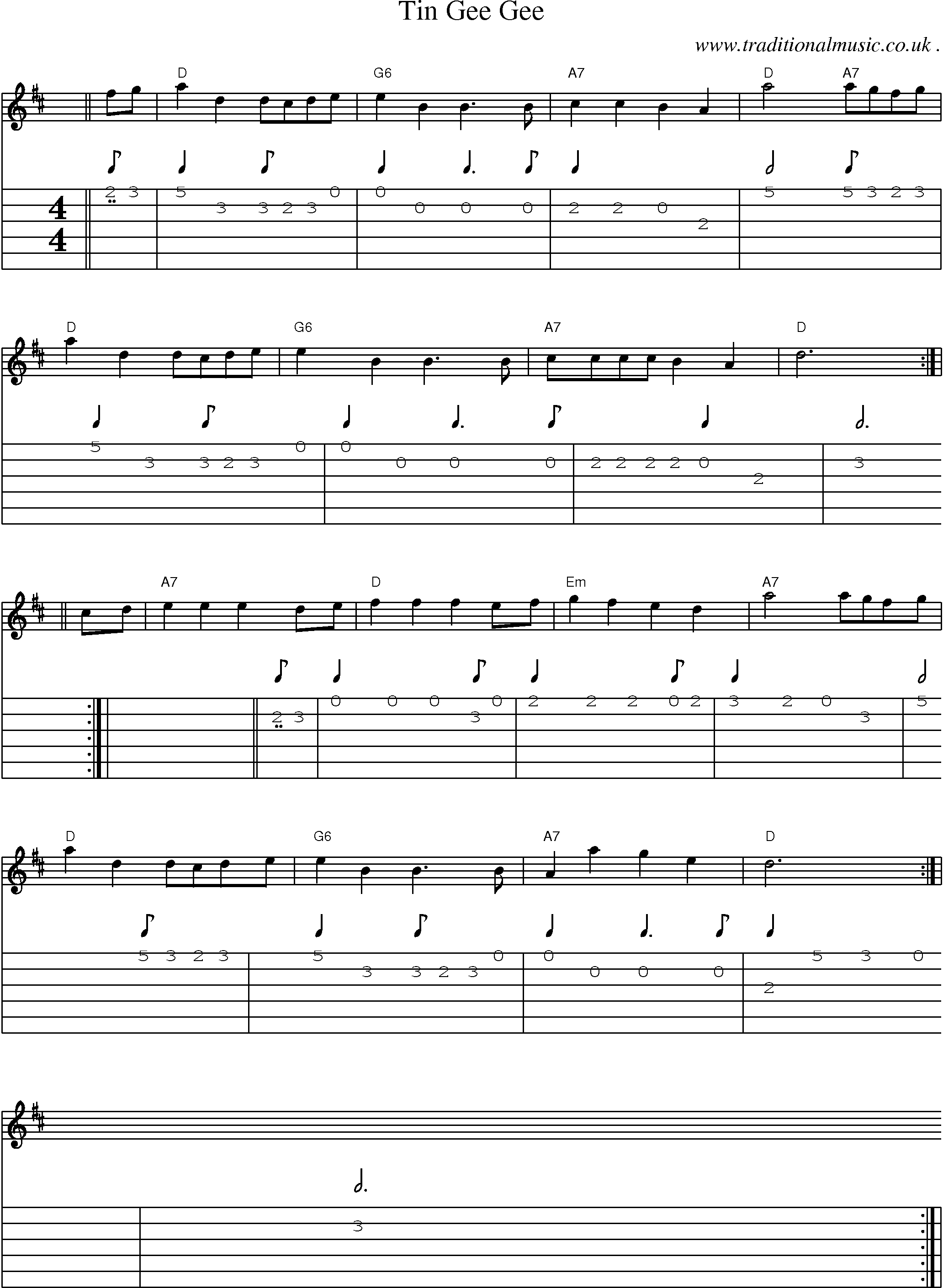 Sheet-music  score, Chords and Guitar Tabs for Tin Gee Gee