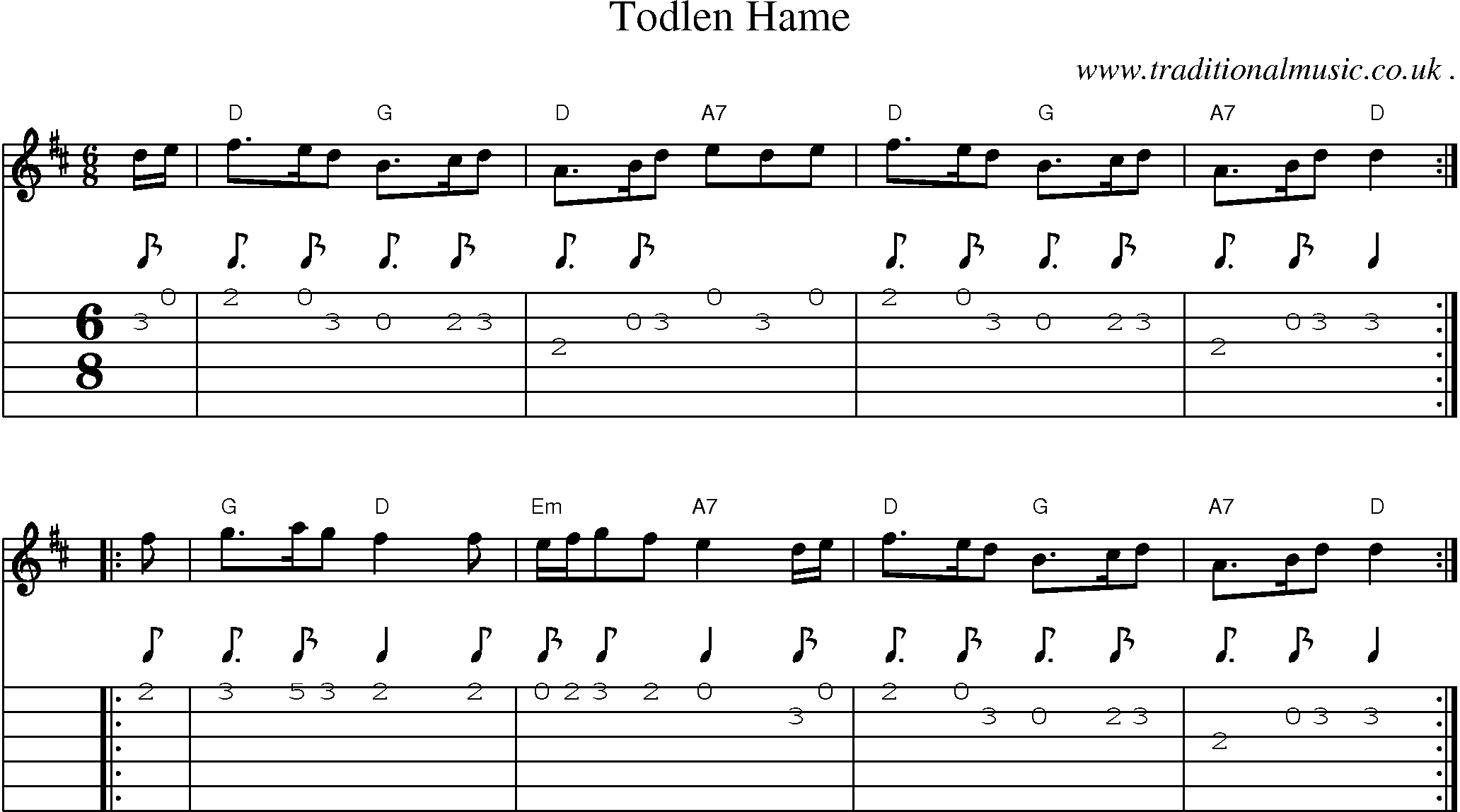 Sheet-music  score, Chords and Guitar Tabs for Todlen Hame
