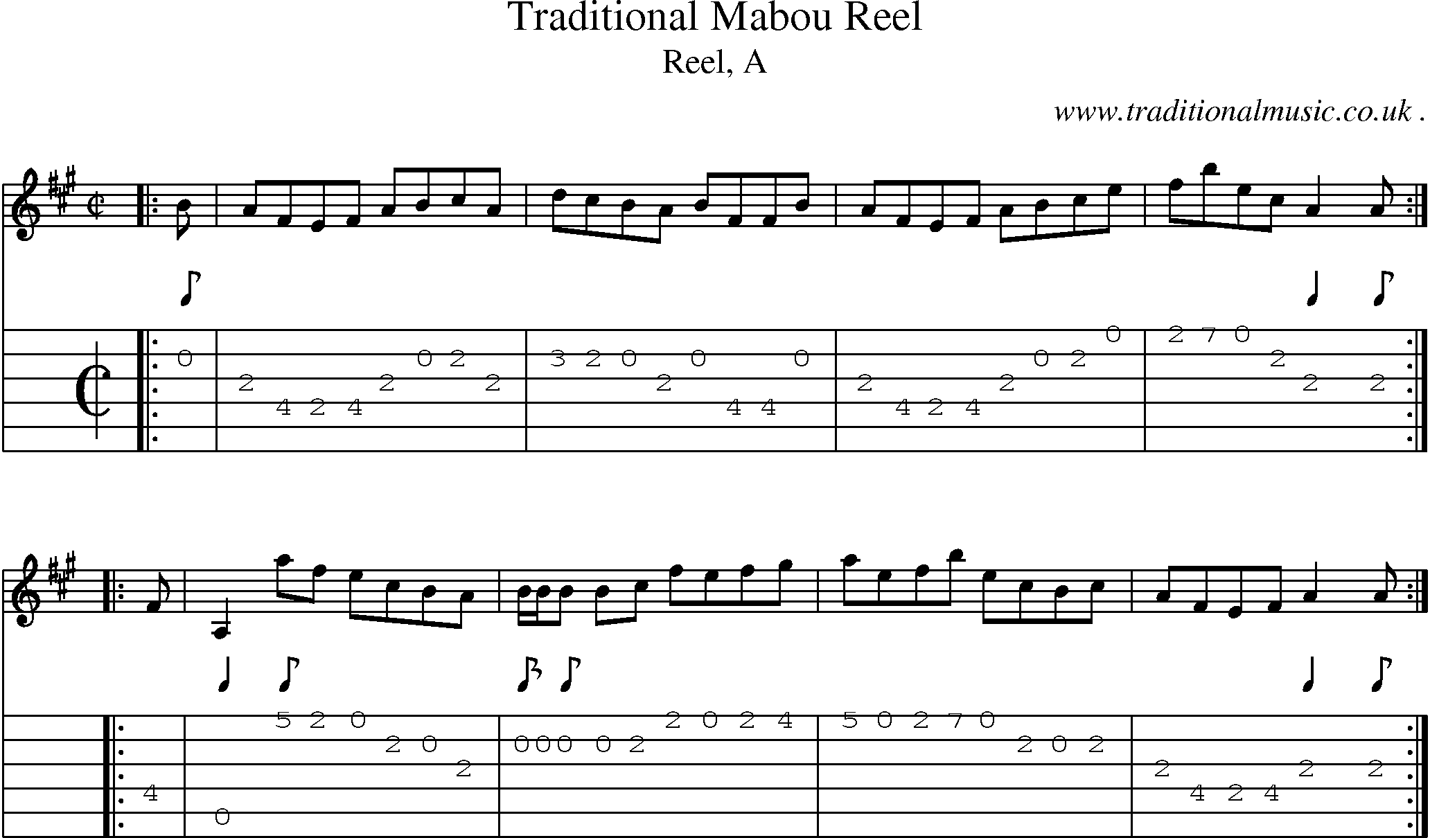 Sheet-music  score, Chords and Guitar Tabs for Traditional Mabou Reel