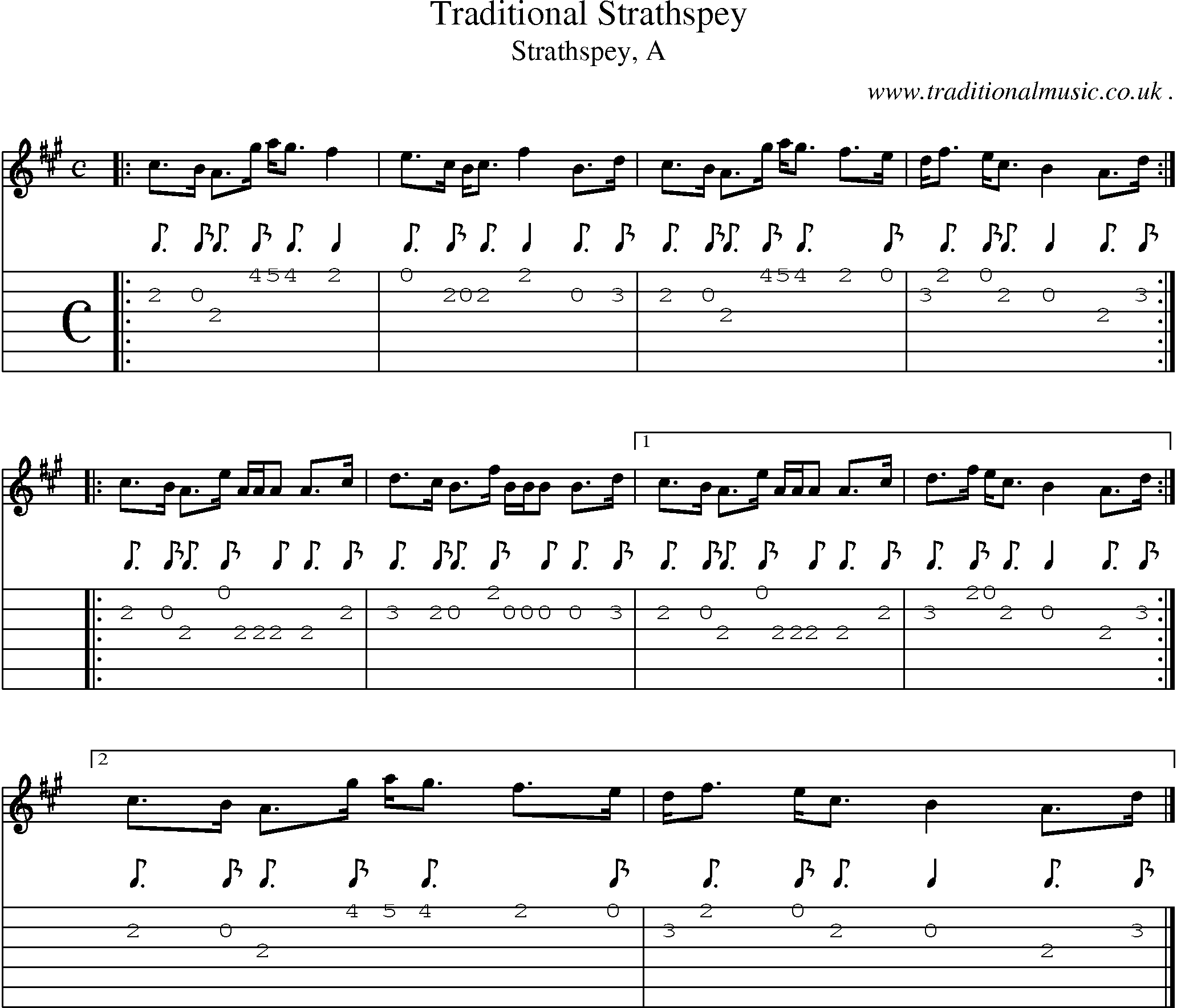 Sheet-music  score, Chords and Guitar Tabs for Traditional Strathspey