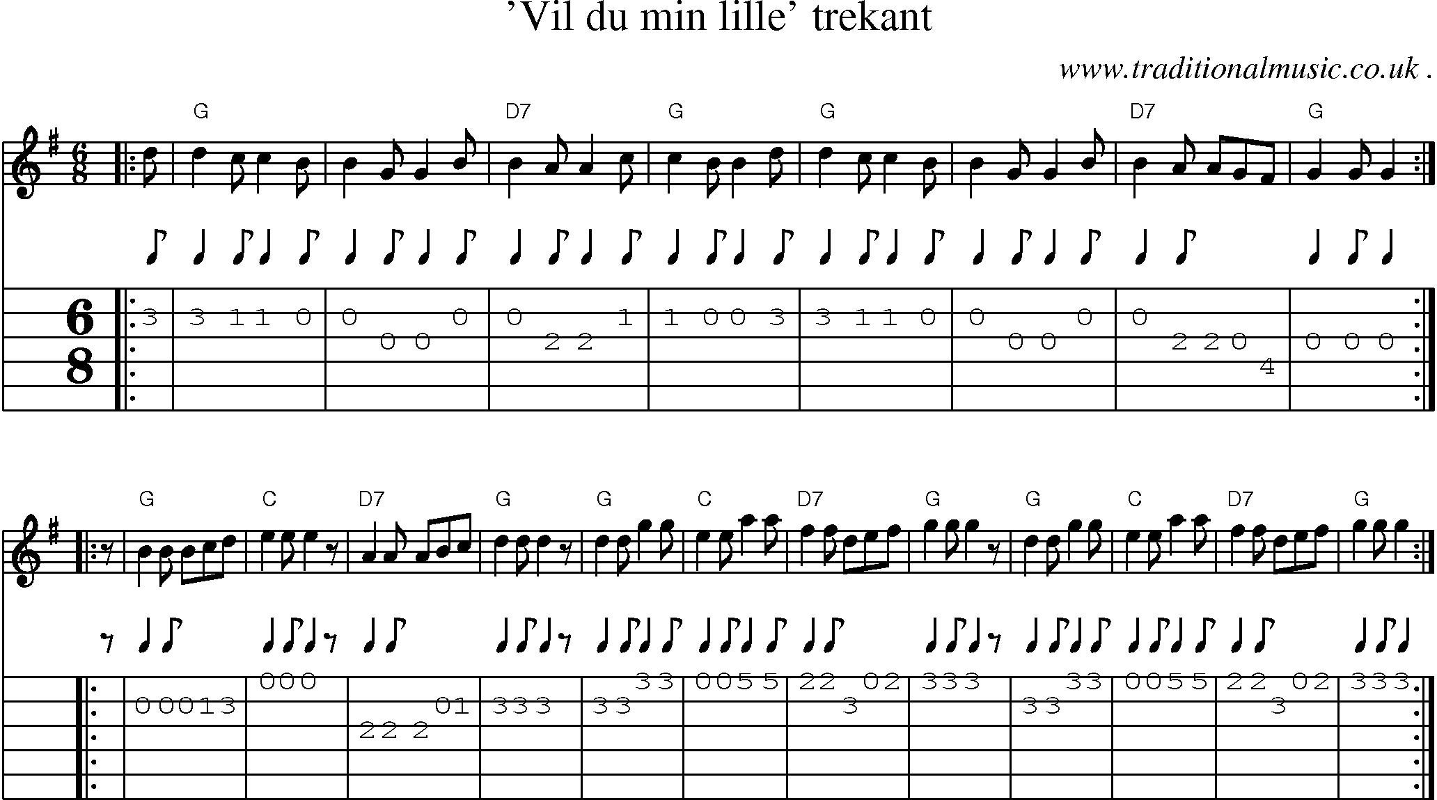 Sheet-music  score, Chords and Guitar Tabs for Vil Du Min Lille Trekant