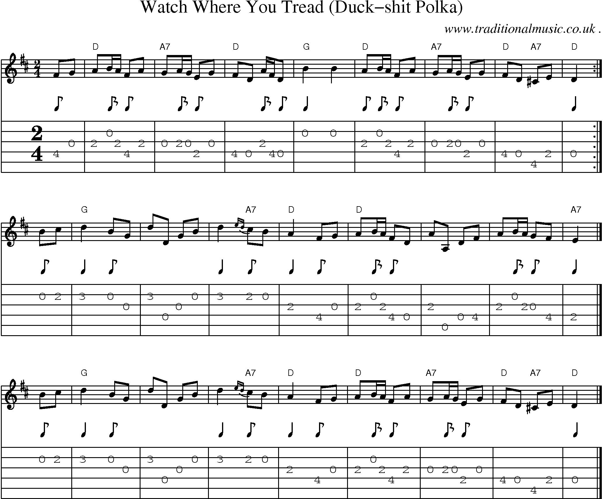 Sheet-music  score, Chords and Guitar Tabs for Watch Where You Tread Duck-shit Polka
