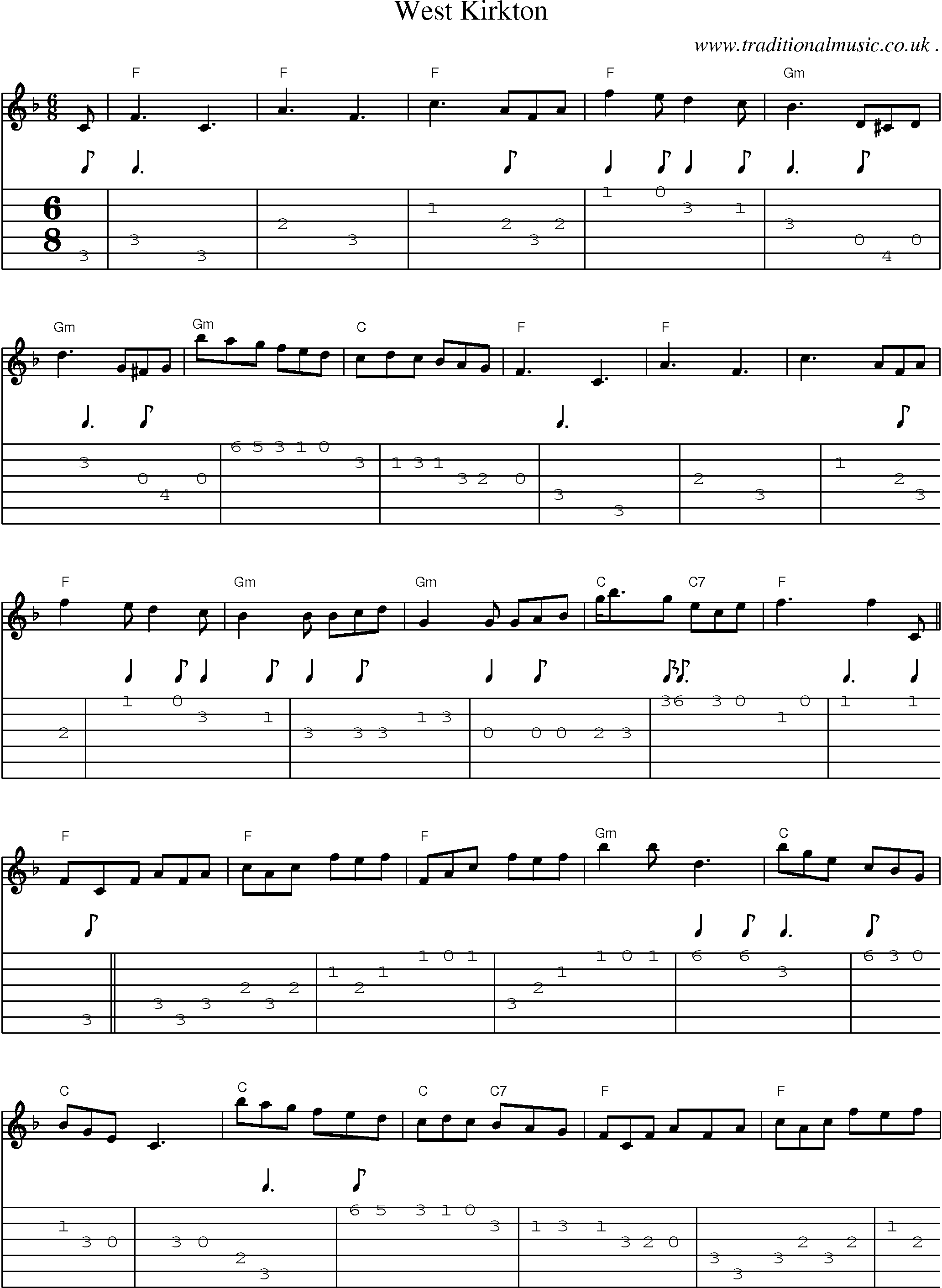 Sheet-music  score, Chords and Guitar Tabs for West Kirkton