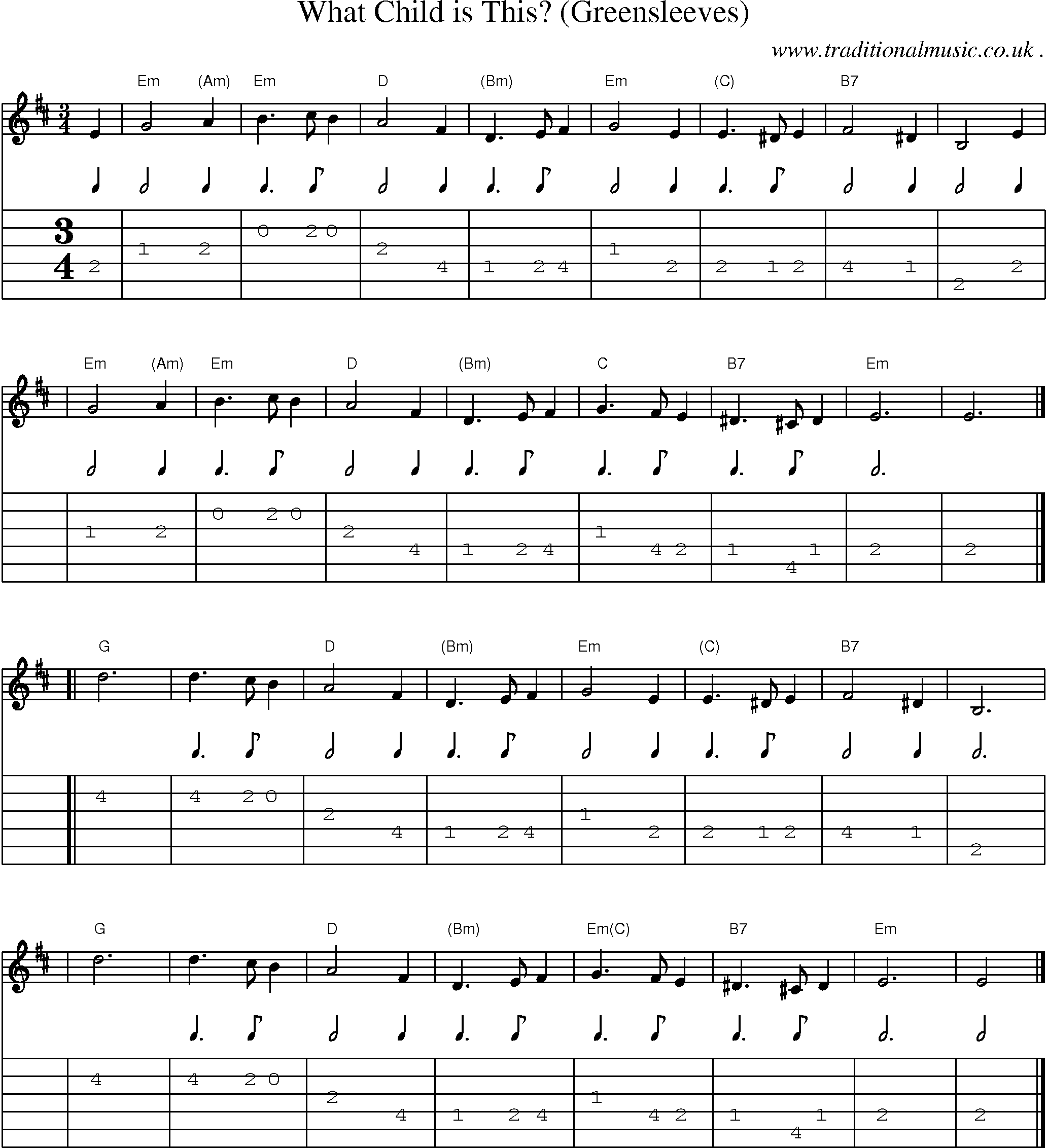 Sheet-music  score, Chords and Guitar Tabs for What Child Is This Greensleeves