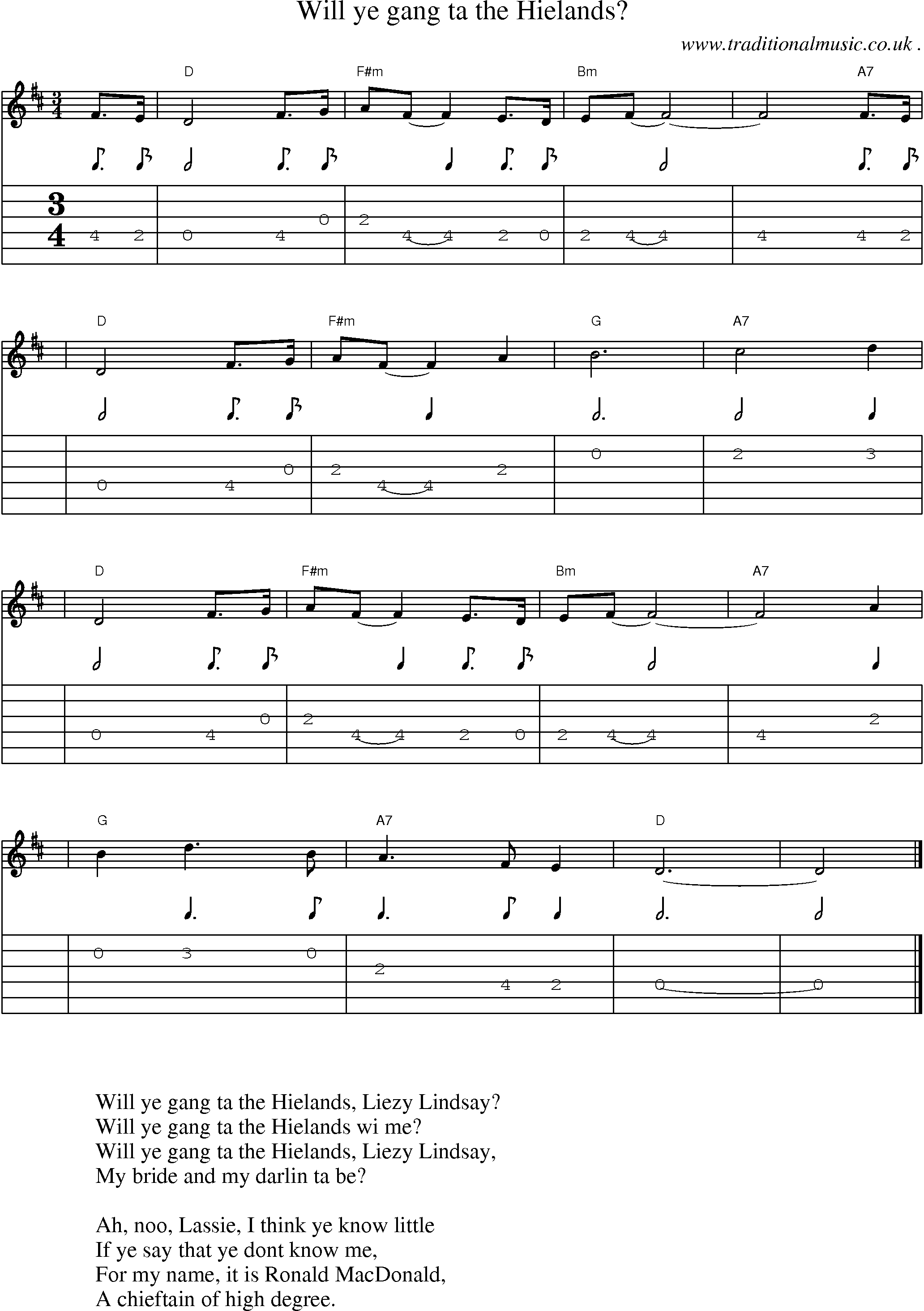 Sheet-music  score, Chords and Guitar Tabs for Will Ye Gang Ta The Hielands