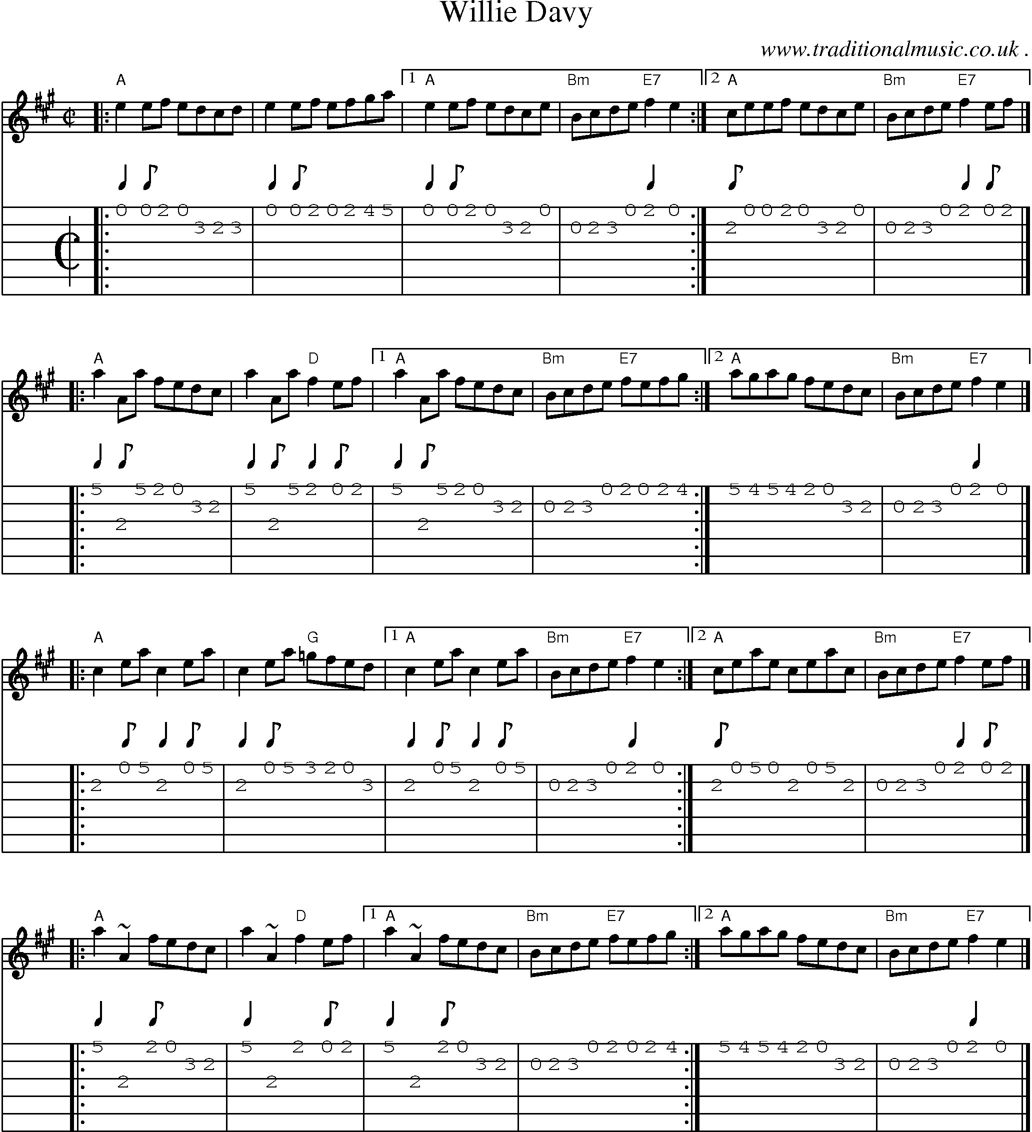 Sheet-music  score, Chords and Guitar Tabs for Willie Davy
