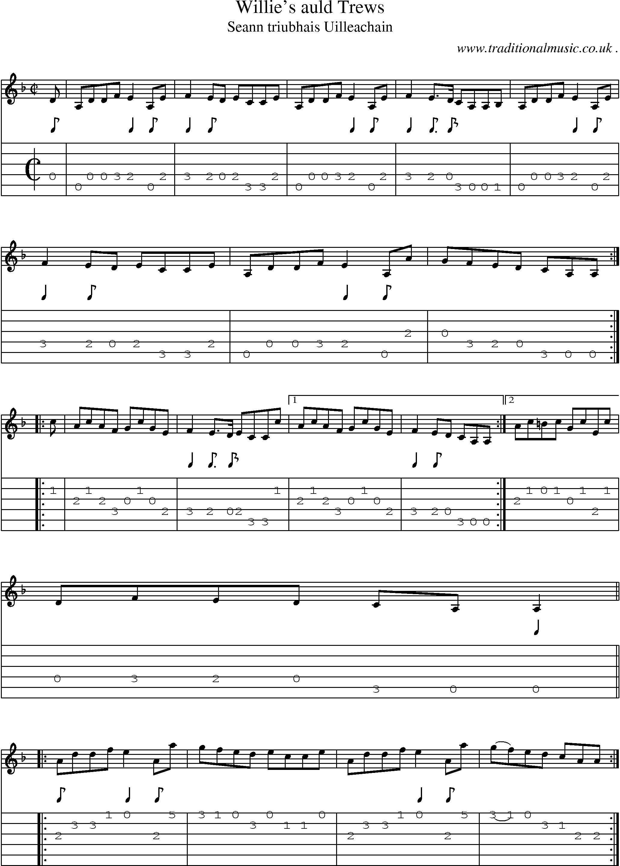 Sheet-music  score, Chords and Guitar Tabs for Willies Auld Trews