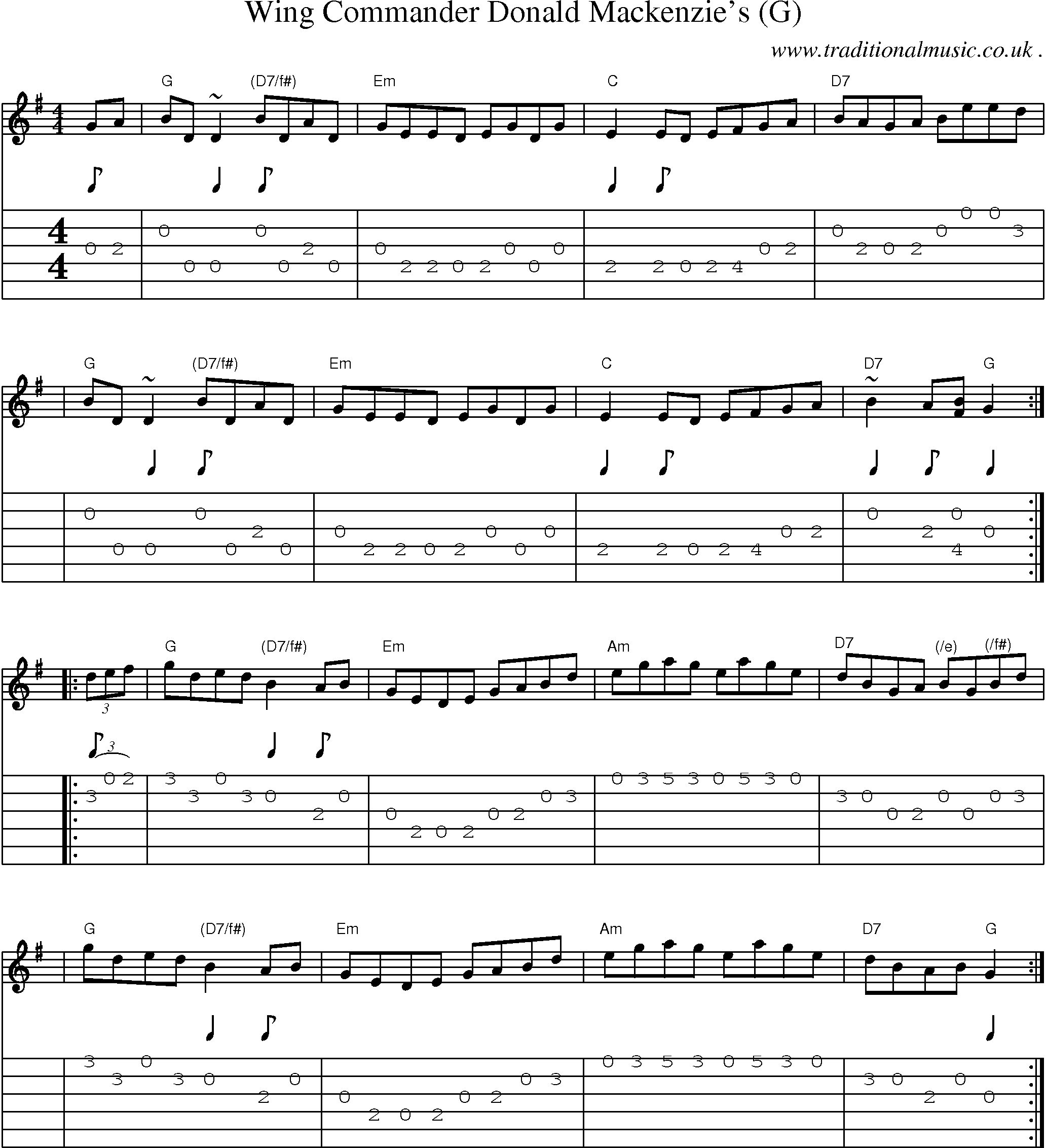 Sheet-music  score, Chords and Guitar Tabs for Wing Commander Donald Mackenzies G