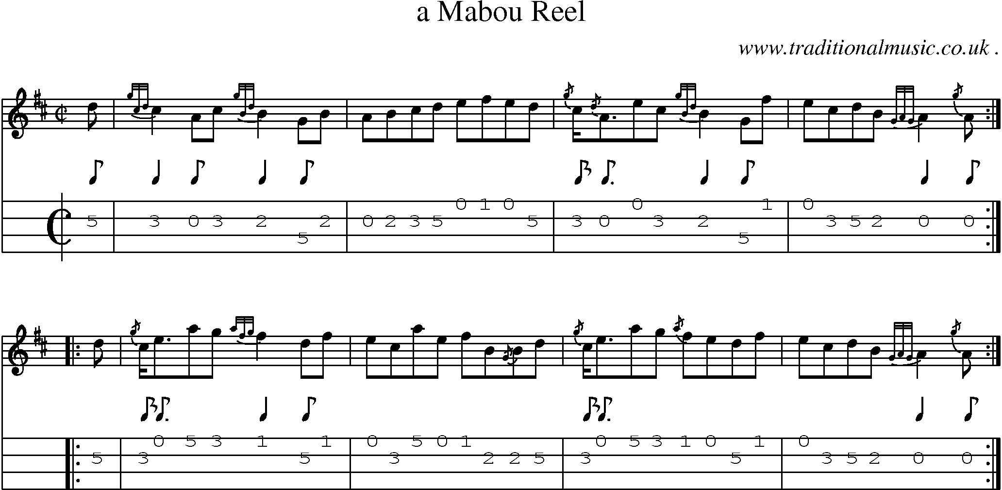 Sheet-music  score, Chords and Mandolin Tabs for A Mabou Reel